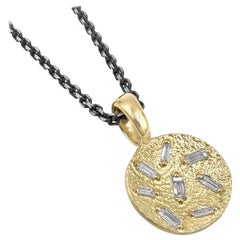 Elizabeth Garvin Fine White Diamond Baguette Concave Coin Gold Drop Necklace