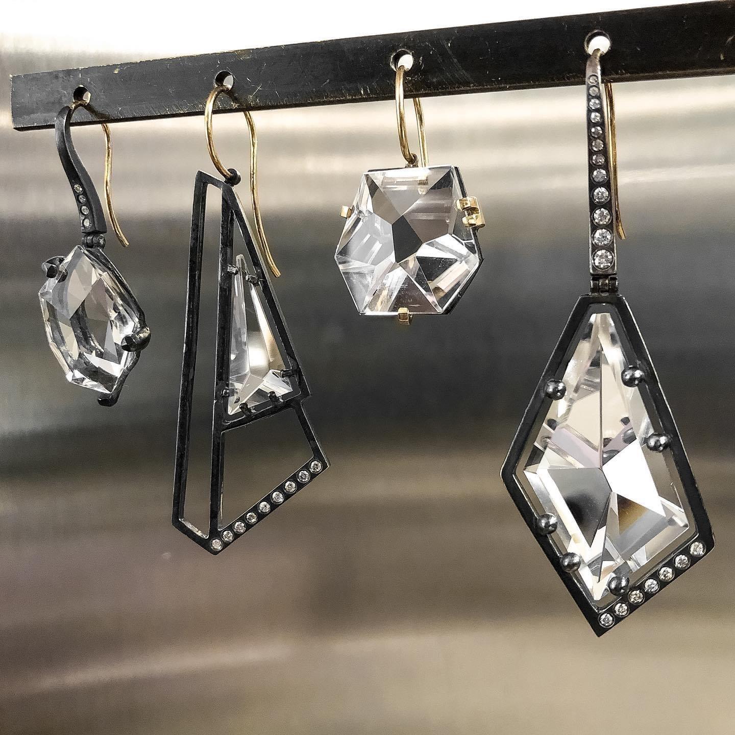Artist Elizabeth Garvin Mirror-Cut Rock Crystal Diamond Oxidized Silver Drop Earrings