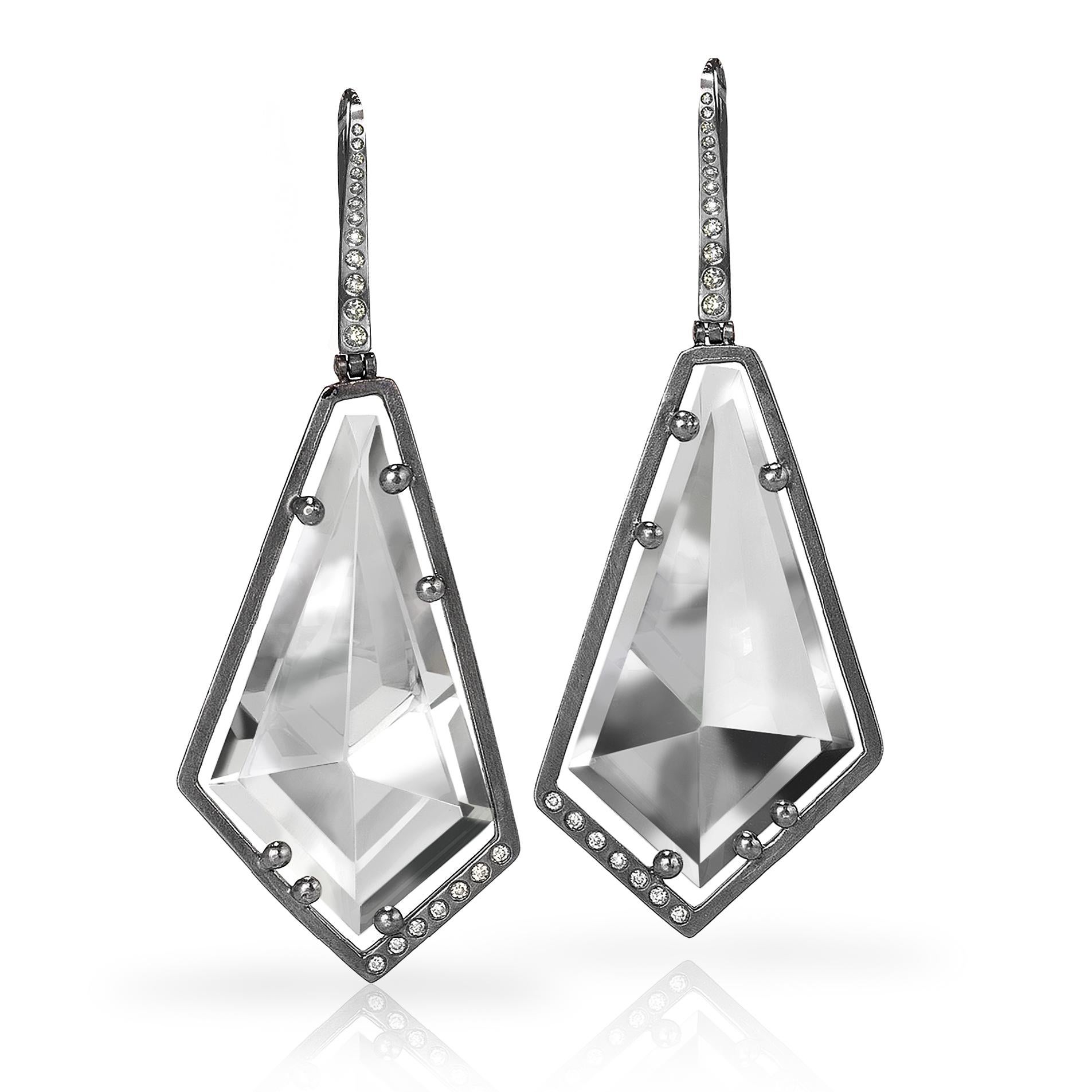 Women's Elizabeth Garvin Mirror-Cut Rock Crystal Diamond Oxidized Silver Drop Earrings