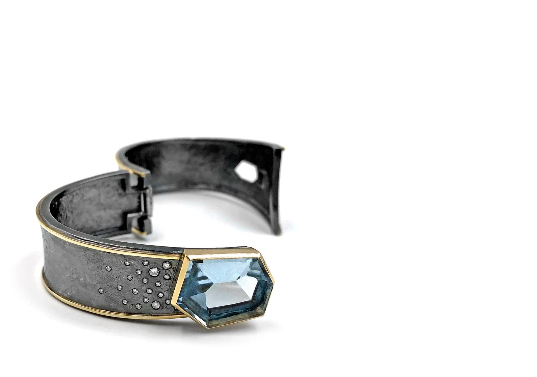 Contemporary Aquamarine Diamond Silver Gold One of a Kind Cuff Bracelet, Elizabeth Garvin