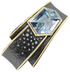Aquamarine Diamond Silver Gold One of a Kind Cuff Bracelet, Elizabeth Garvin
