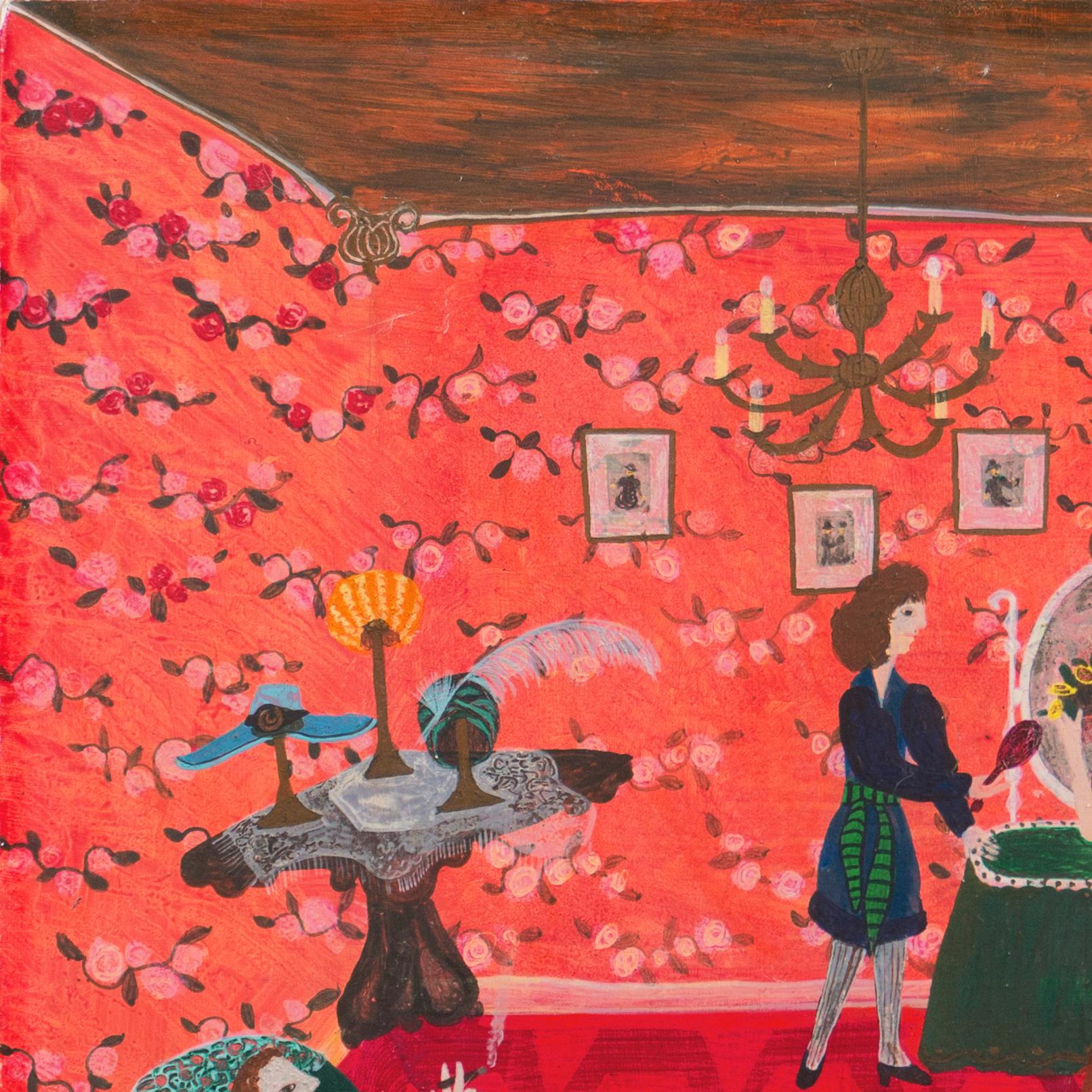 'Chez la Modiste', Interior Figural Oil, Post-Impressionist, Woman Folk Artist - Red Interior Painting by Elizabeth Gevaert