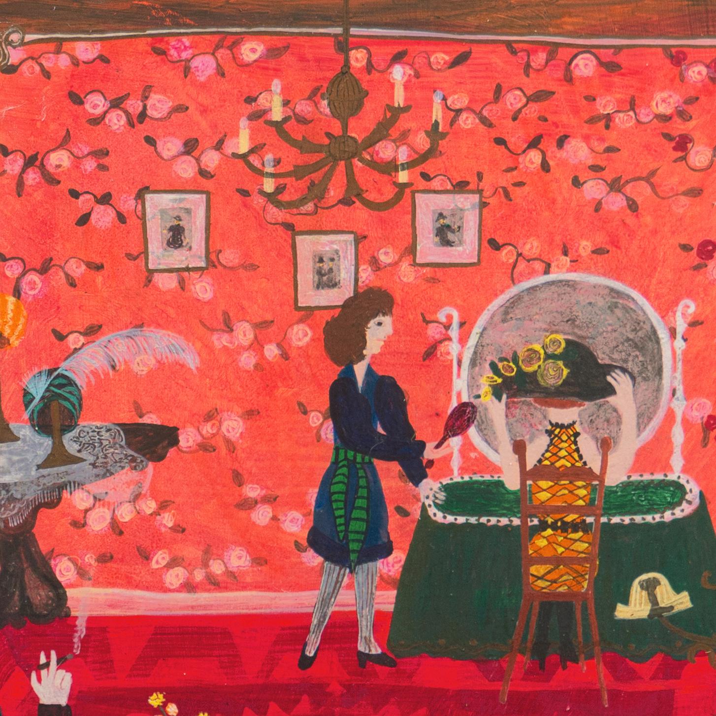 Signed lower right, 'Elisabeth' for Elisabeth Gevaert (Belgian, 1934-2016) and dated 1970.

A finely-painted, whimsical study of the interior of a milliner's shop with a woman seated before a mirror and trying on hats with and various attendants