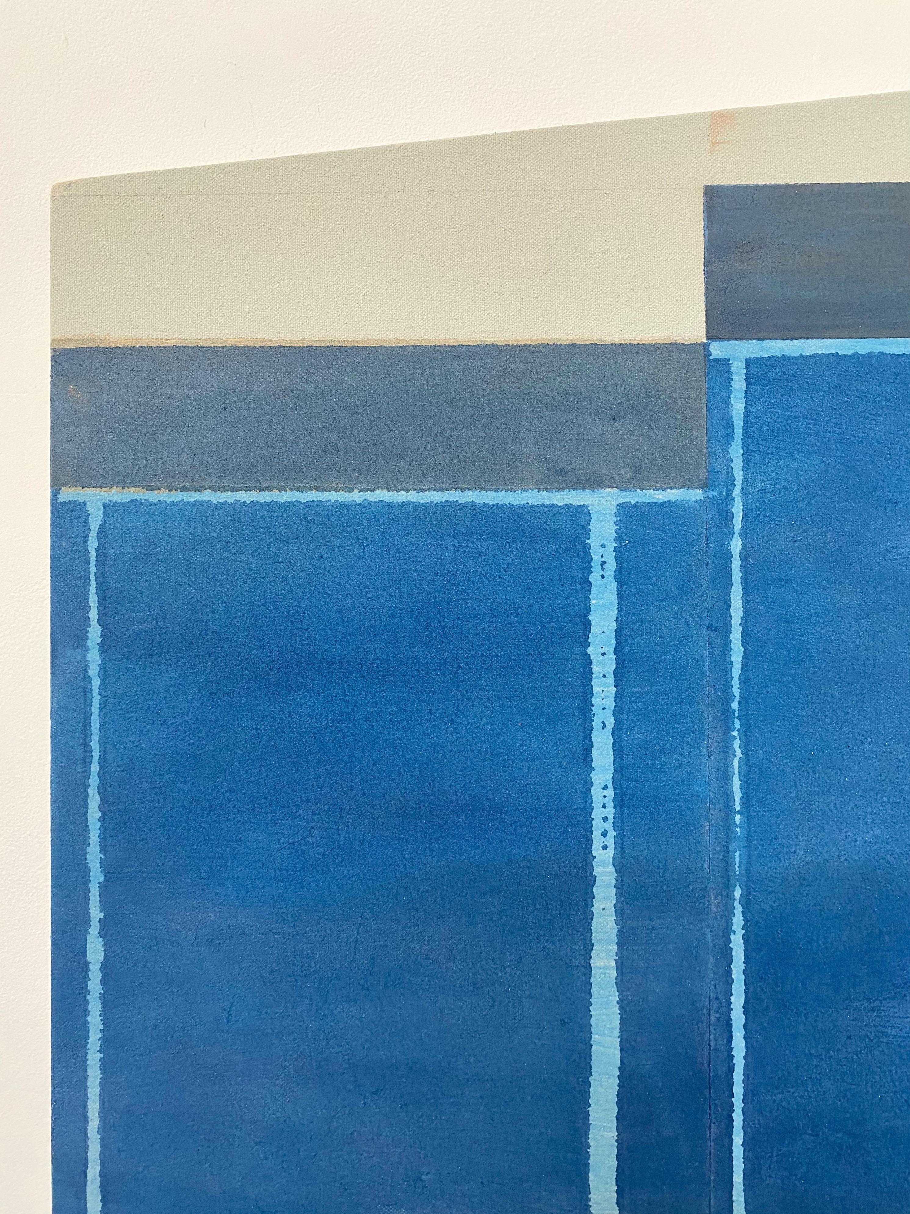 Geometrisches abstraktes Gemälde, A30, Blau, Lila, Violett, Beige auf geformtem Paneel 1
