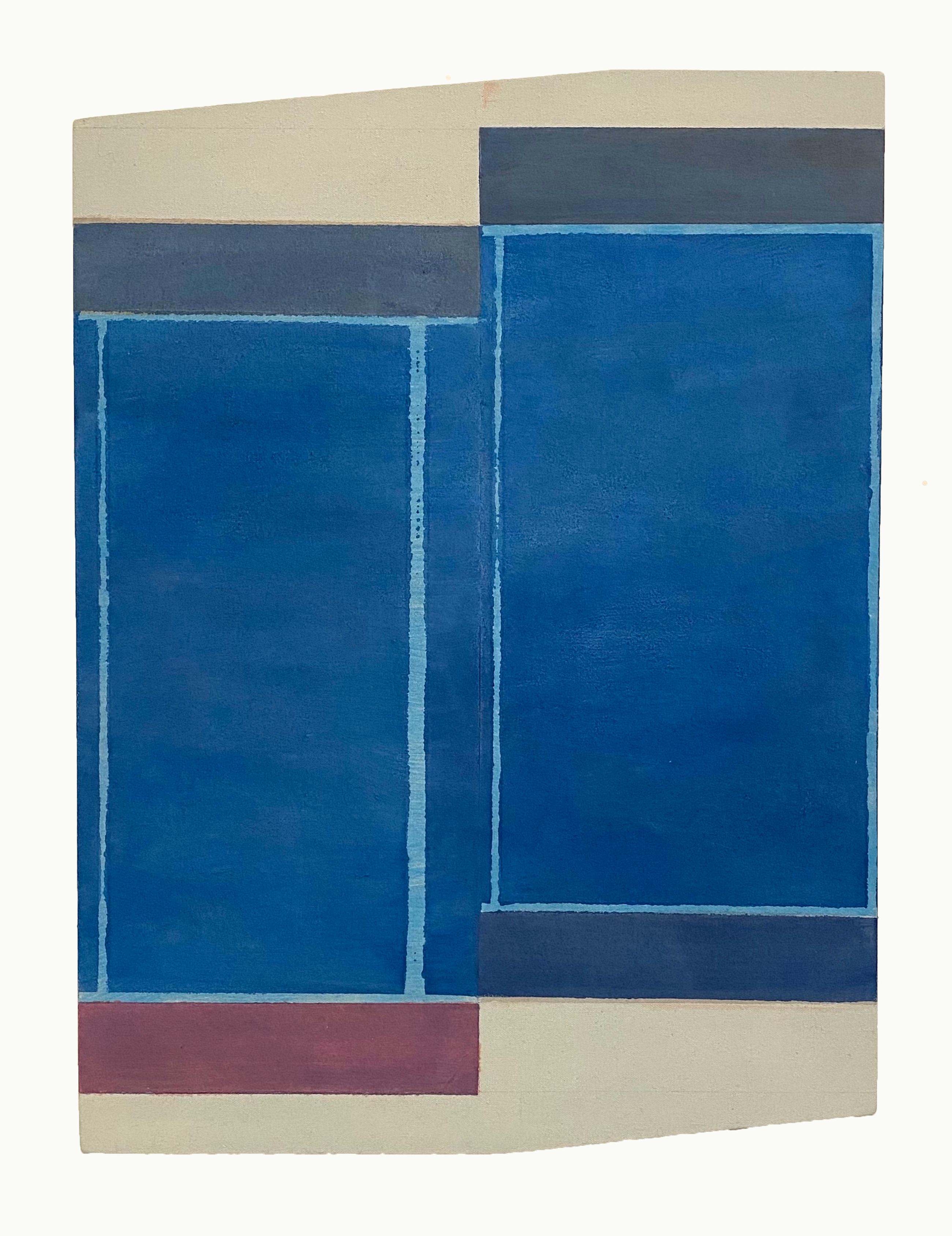 In this painting in acrylic on canvas mounted on a shaped panel by Elizabeth Gourlay, carefully ordered blocks of color in a deep shade of dark cobalt blue with a thinner block in purple are vibrant against two neutral sections in beige on the top