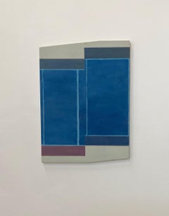 A30 - Peinture abstraite représentant des panneaux de formes variées dans des tons de bleu cobalt, bleu marine, violet, violet foncé et beige, 2022