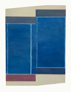 A30 - Peinture abstraite représentant des panneaux de formes variées dans des tons de bleu cobalt, bleu marine, violet, violet foncé et beige, 2022