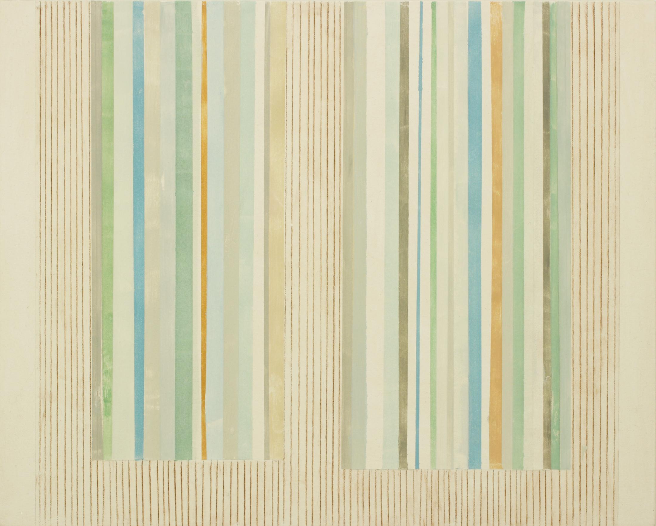 Clean and precise, carefully ordered thin stripes and thicker blocks of color in gray, dark yellow ochre, shades of olive green, blue and brown are lively and vibrant against the soft beige background. Signed, dated and titled on verso.

Elizabeth