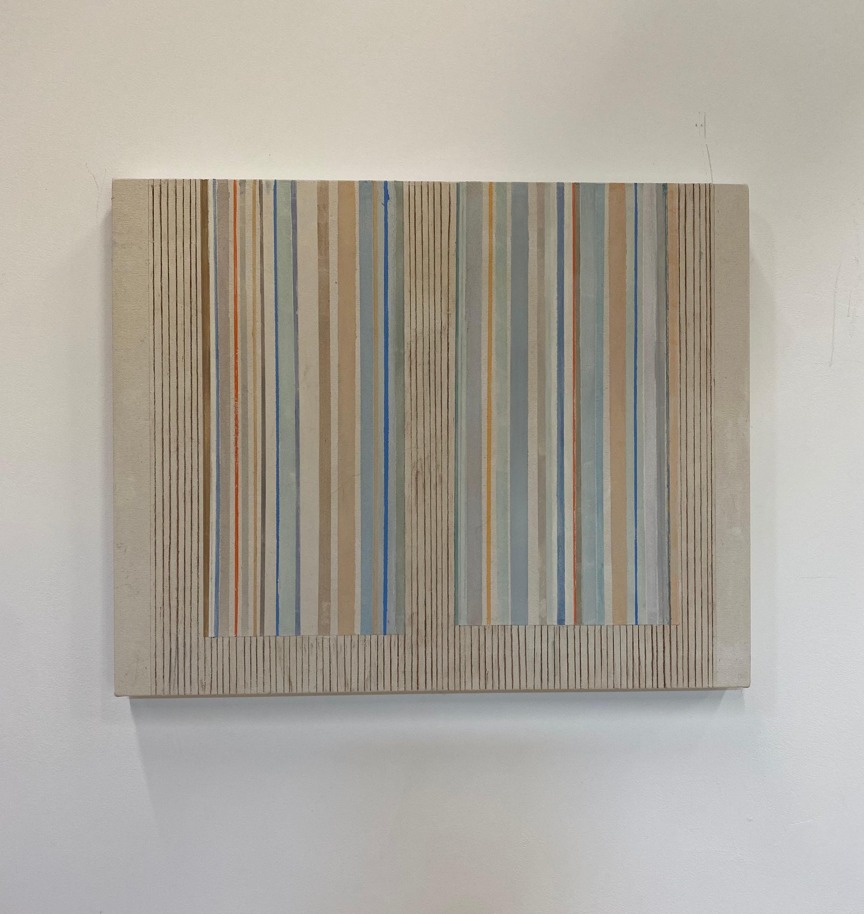 AB 25, Abstrakte Malerei in Beige, Grau, Marineblau, Oliv, Dunkelorange, Gelb – Painting von Elizabeth Gourlay
