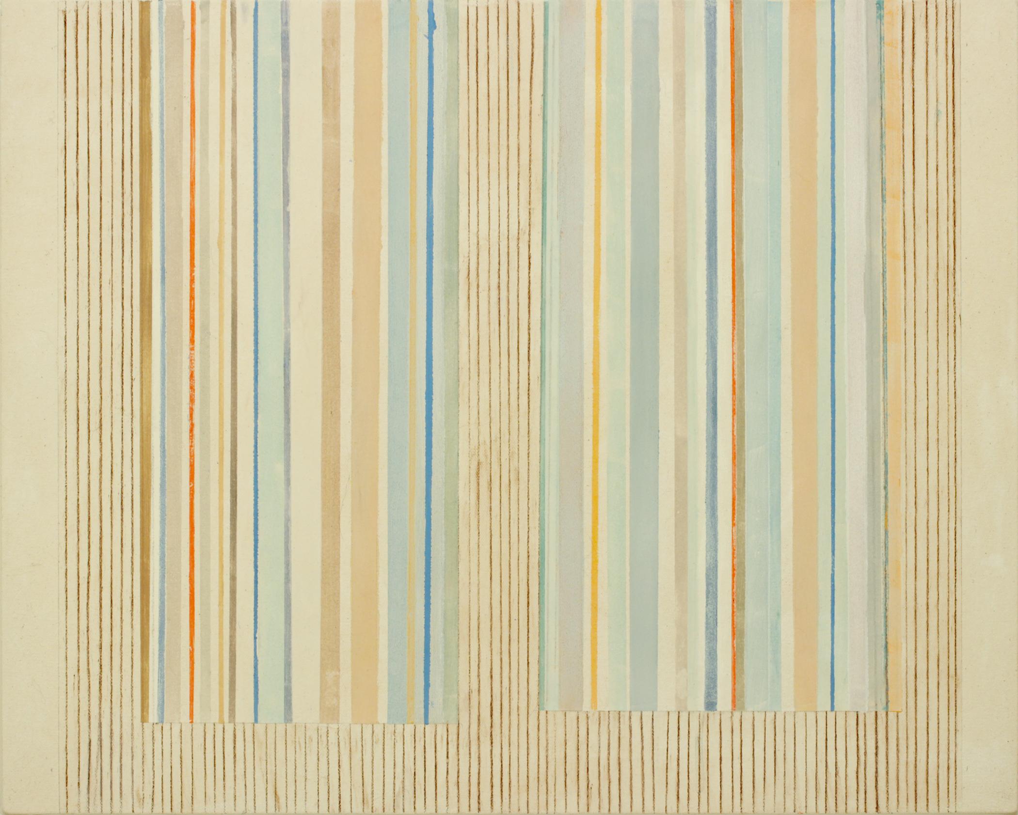 Clean and precise, carefully ordered thin stripes and thicker blocks of color in cobalt blue, dark burnt orange, an olive shade of green brown, golden yellow, gray, pale blue, and brown against a soft beige background. Signed, dated and titled on