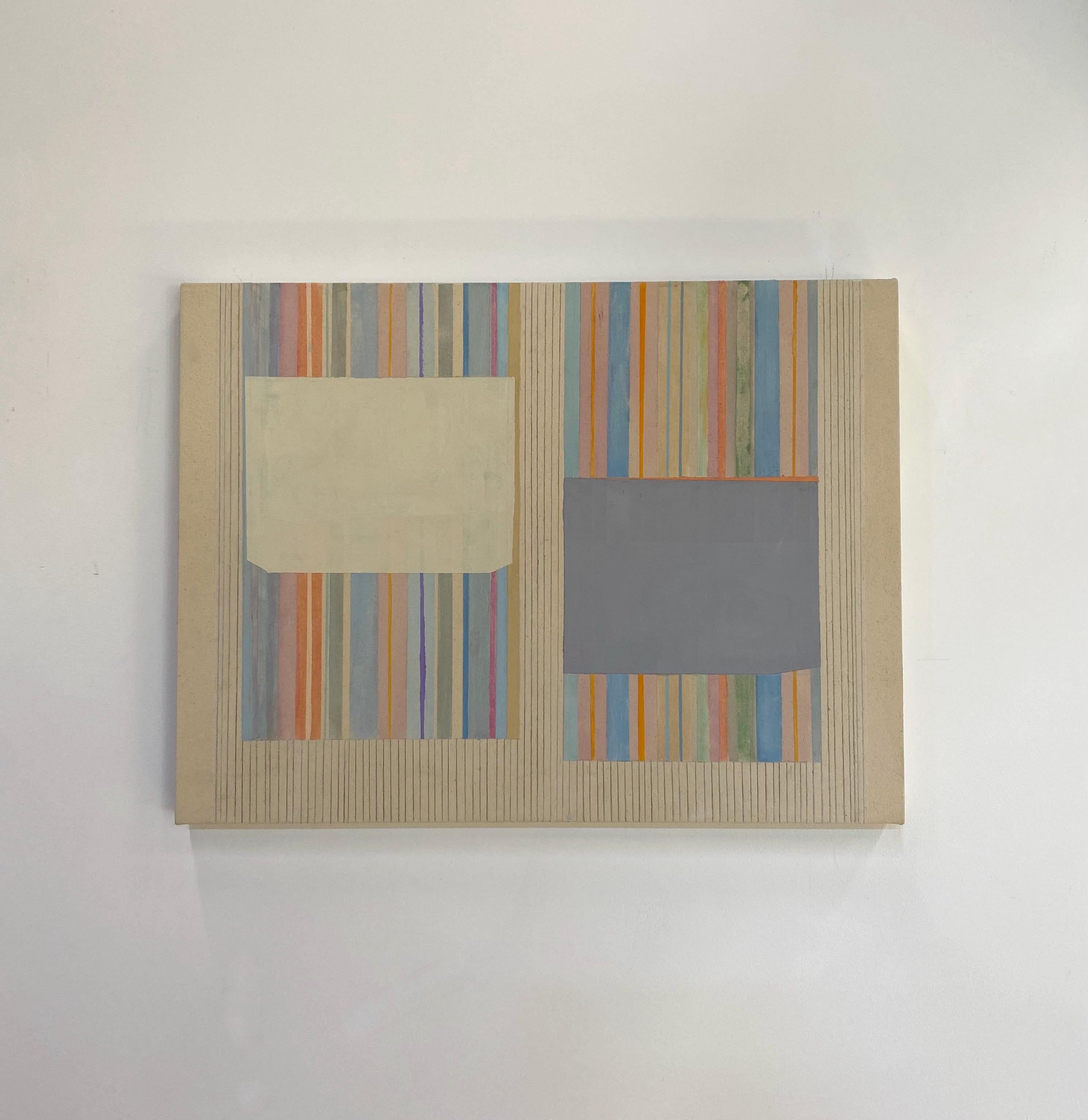 Clean and precise, carefully ordered stripes and blocks of color in orange, green, pale lemon yellow, gray, blue, purple and brown are lively and vibrant against the soft beige background. Signed, dated and titled on verso.

Elizabeth Gourlay’s work