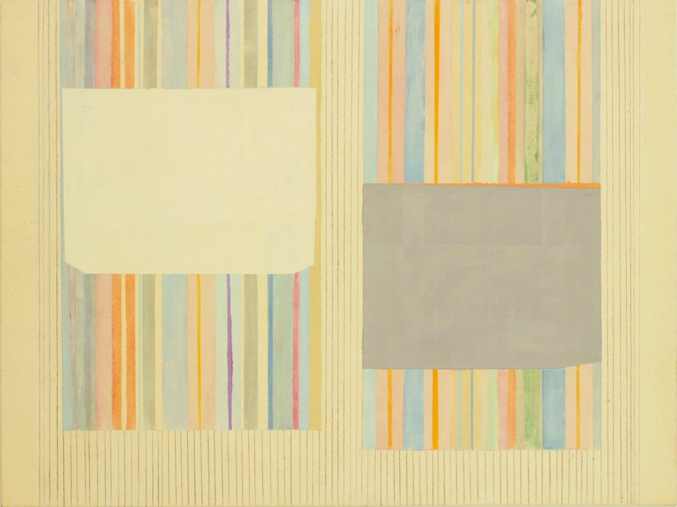 AB21, Peinture abstraite géométrique, beige, orange, jaune ocre, gris, bleu, sauge