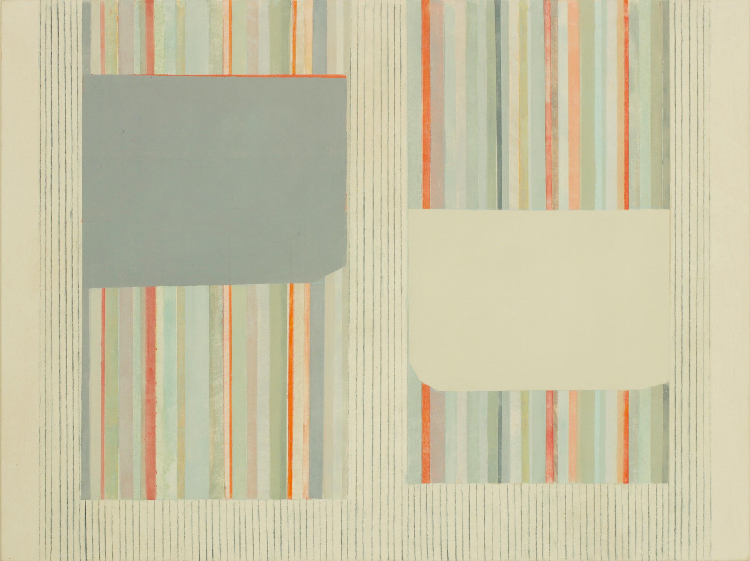 In this abstract painting by Elizabeth Gourlay, clean and precise, carefully ordered stripes and blocks of color in gray, light green, red orange and blue are lively and vibrant against the soft gray beige background. Signed, dated and titled on