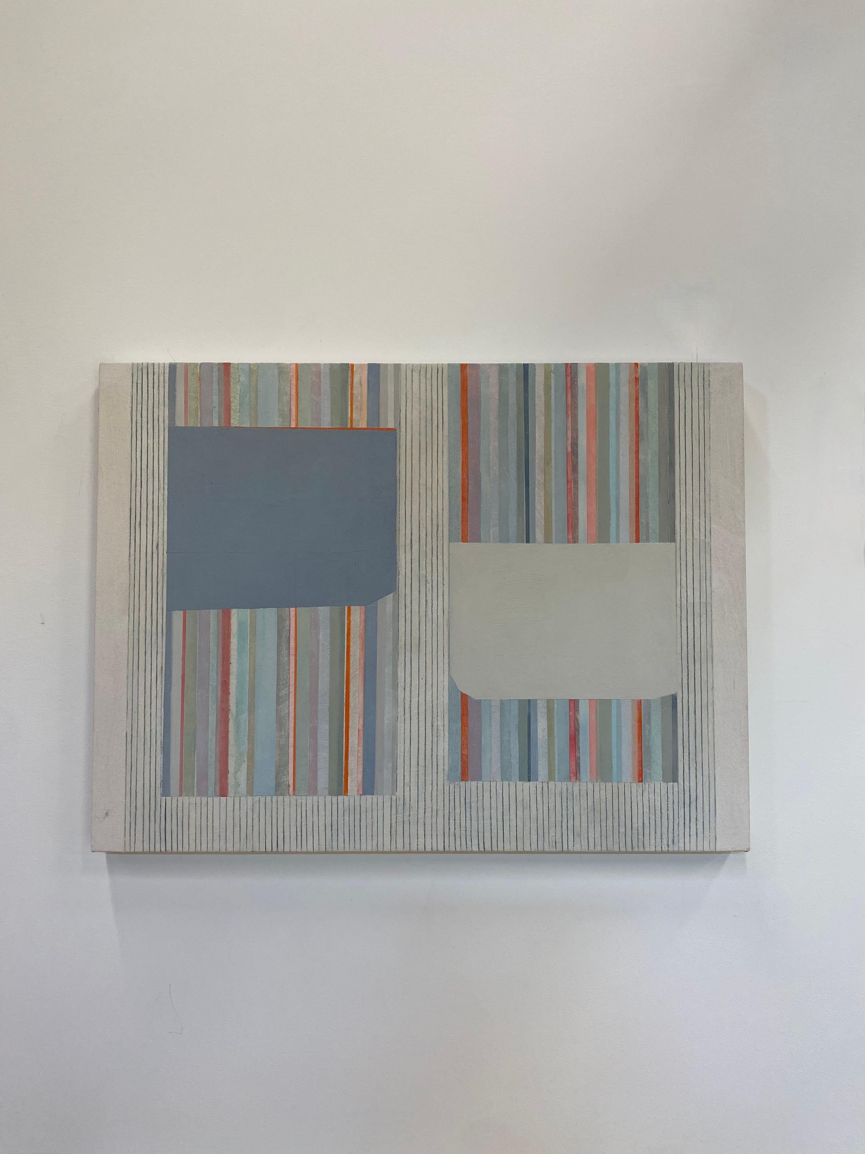 AB22,  Beige, grigio, blu, verde chiaro, rosso arancione a strisce Pittura astratta - Painting di Elizabeth Gourlay