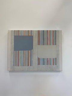 AB22, Abstraktes Gemälde in Beige, Grau, Blau, Hellgrün, Rot, Orange und Streifen