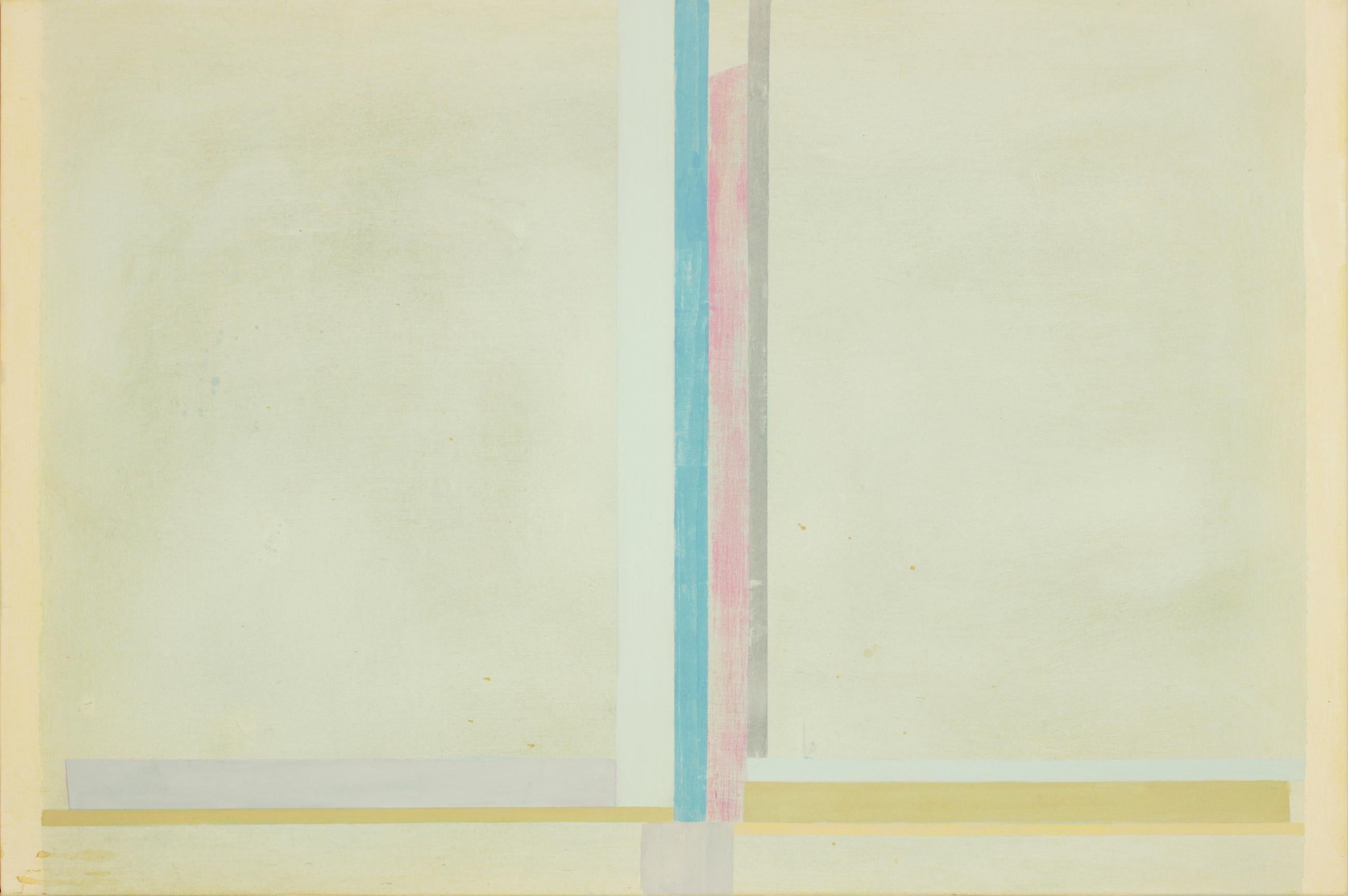 In this abstract painting in acrylic on canvas by Elizabeth Gourlay, clean and precise, carefully ordered stripes and blocks of color in yellow, light pink and light blue, pale ochre, beige and gray lines are lively against the pale sage green