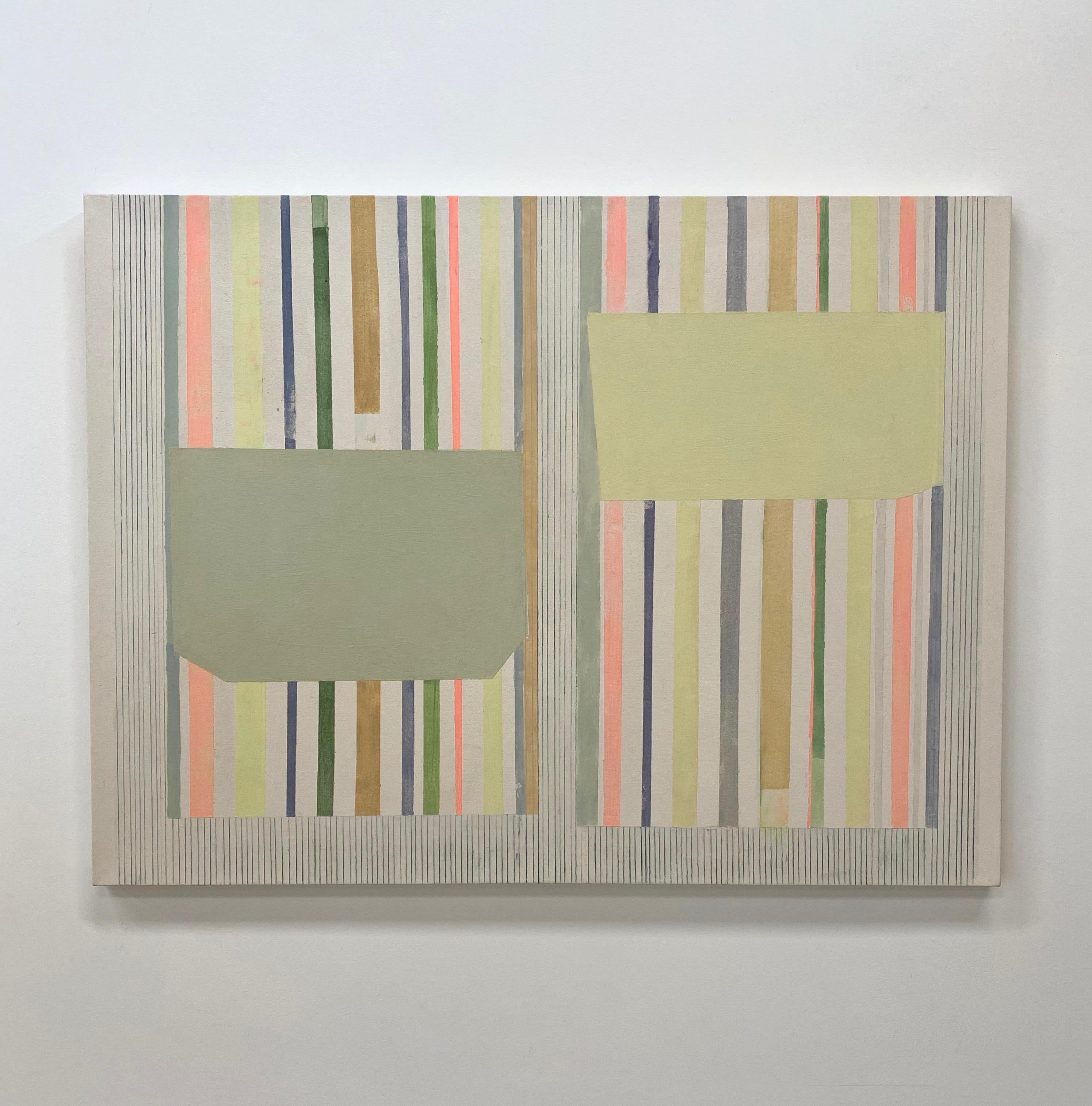 Ashgreylime, Beige, Light Green, Sage, Lemon Yellow Stripes, Geometric Abstract - Painting by Elizabeth Gourlay