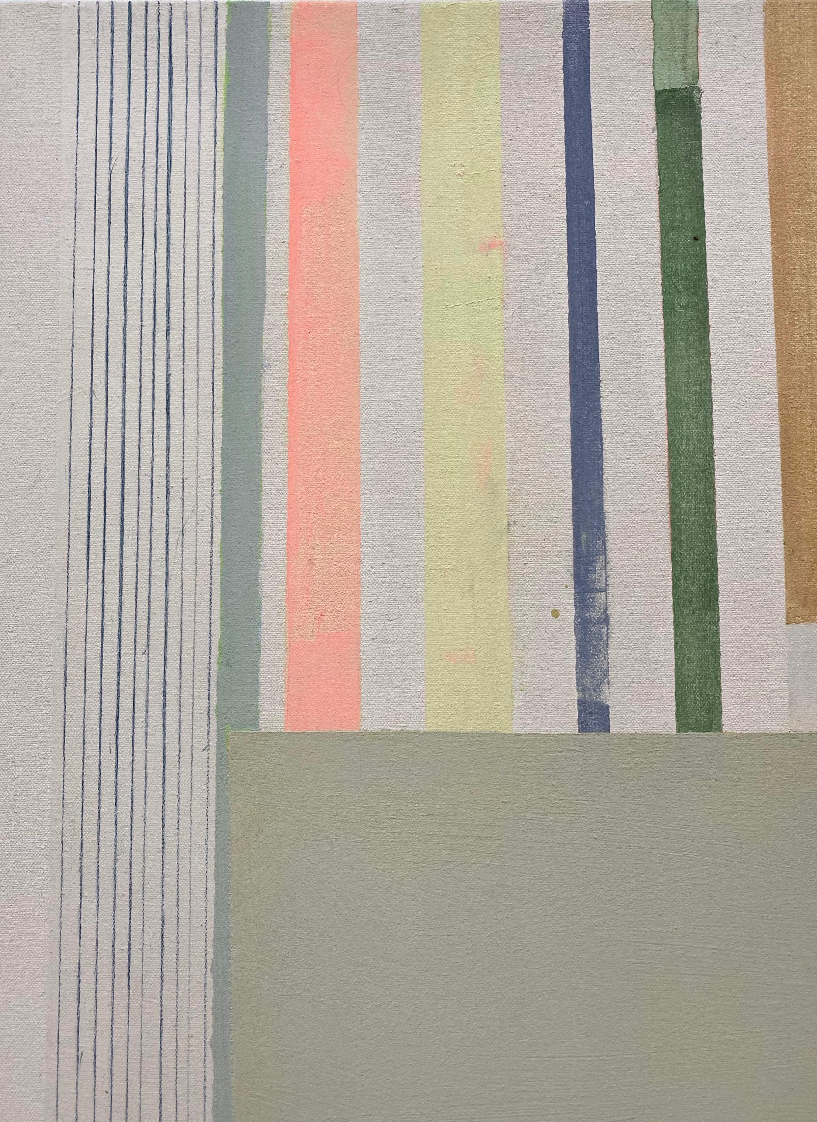 Ashgreylime, Beige, Light Green, Sage, Lemon Yellow Stripes, Geometric Abstract - Contemporary Painting by Elizabeth Gourlay