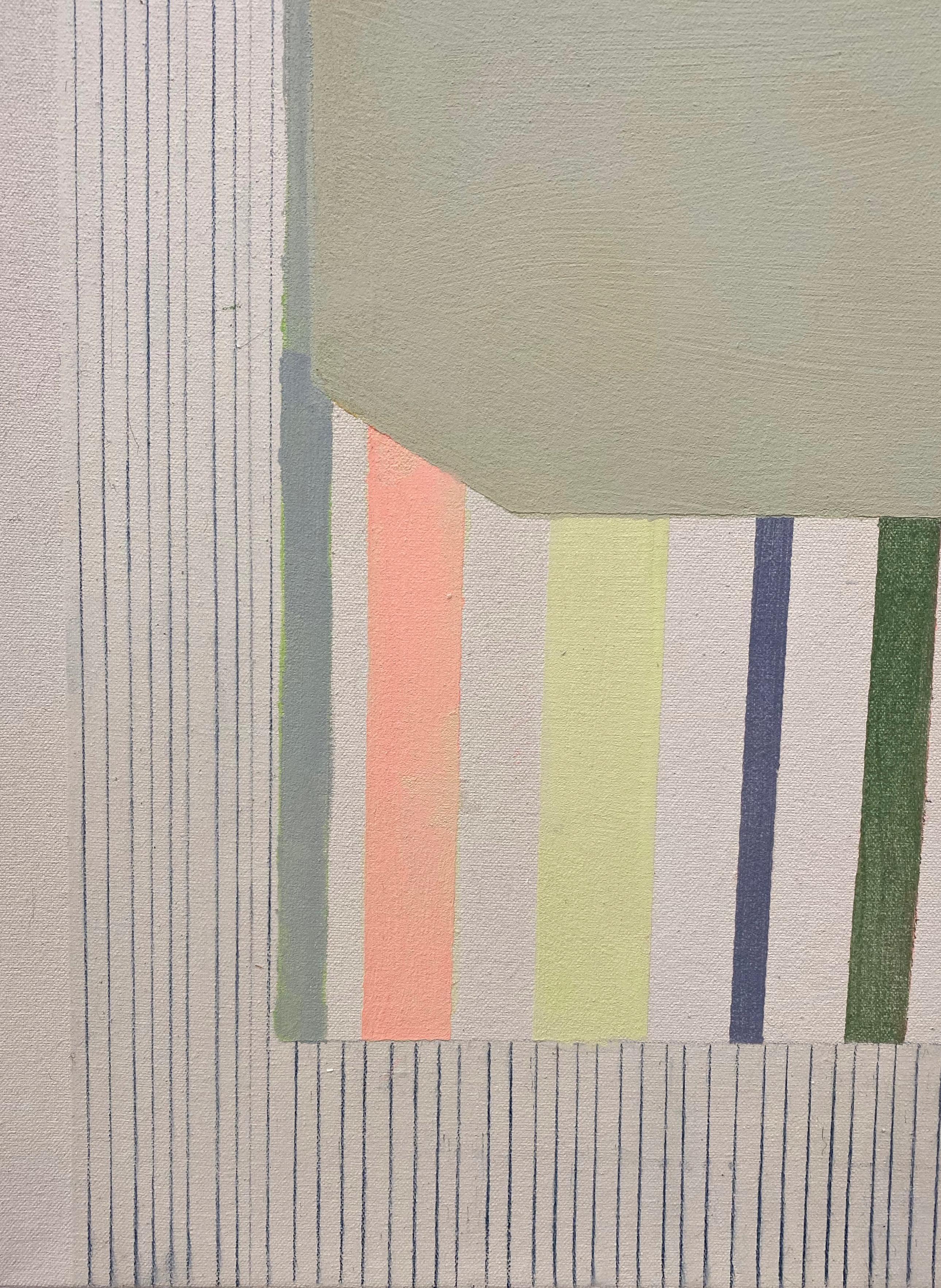 Clean and precise, carefully ordered stripes and blocks of color in light green, dark sage, yellow ochre, pale iemon yellow and burnt orange are lively and vibrant against the neutral beige background. Signed, dated and titled on verso.

Elizabeth