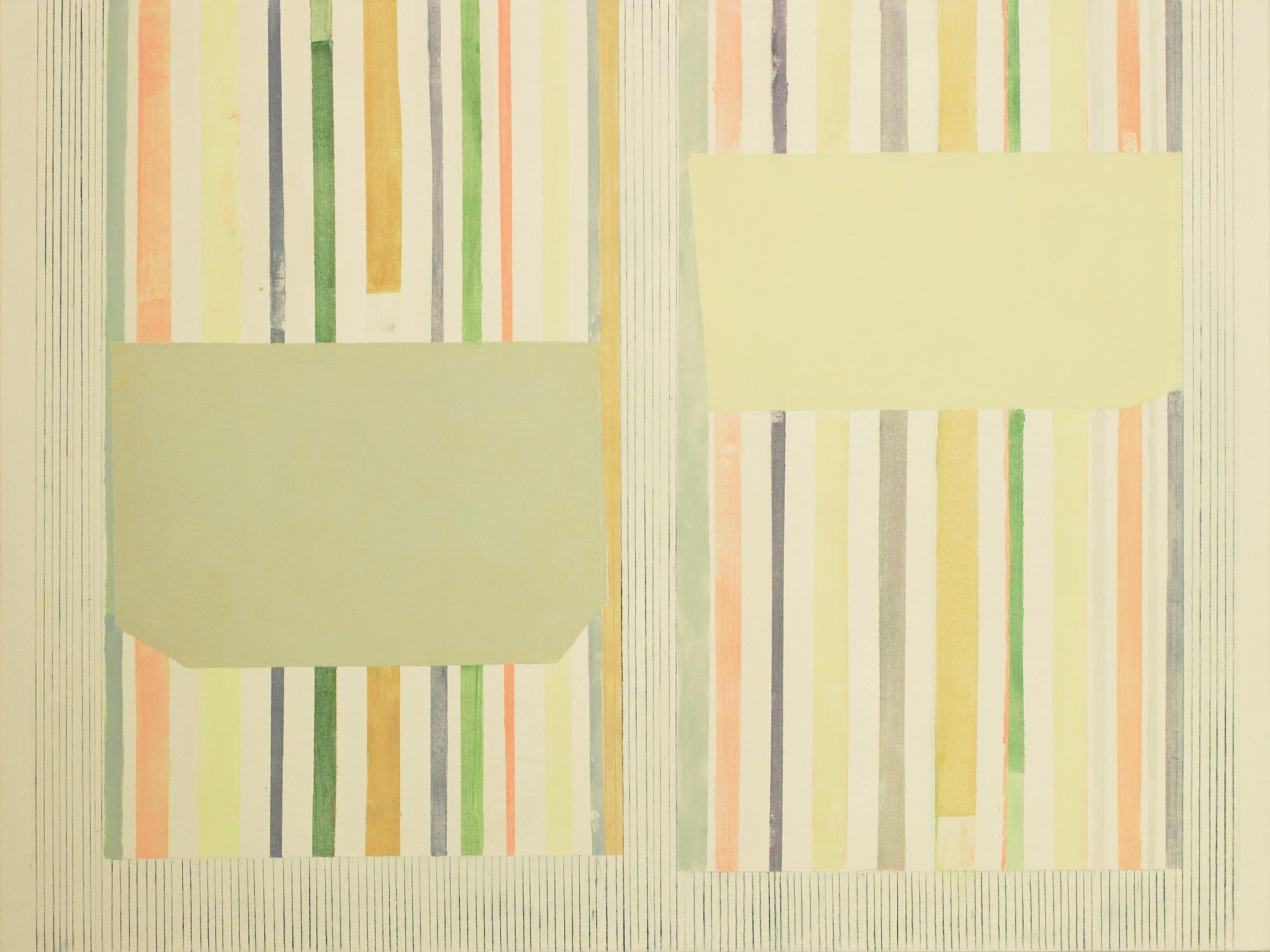 Elizabeth Gourlay Abstract Painting - Ashgreylime, Beige, Light Green, Sage, Lemon Yellow Stripes, Geometric Abstract
