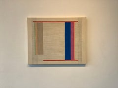 BJ3, Abstract Painting with Grid and Lines in Blue, Pink, Red, Orange on Beige