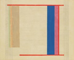 BJ3, Abstract Painting with Grid and Lines in Blue, Pink, Red, Orange on Beige
