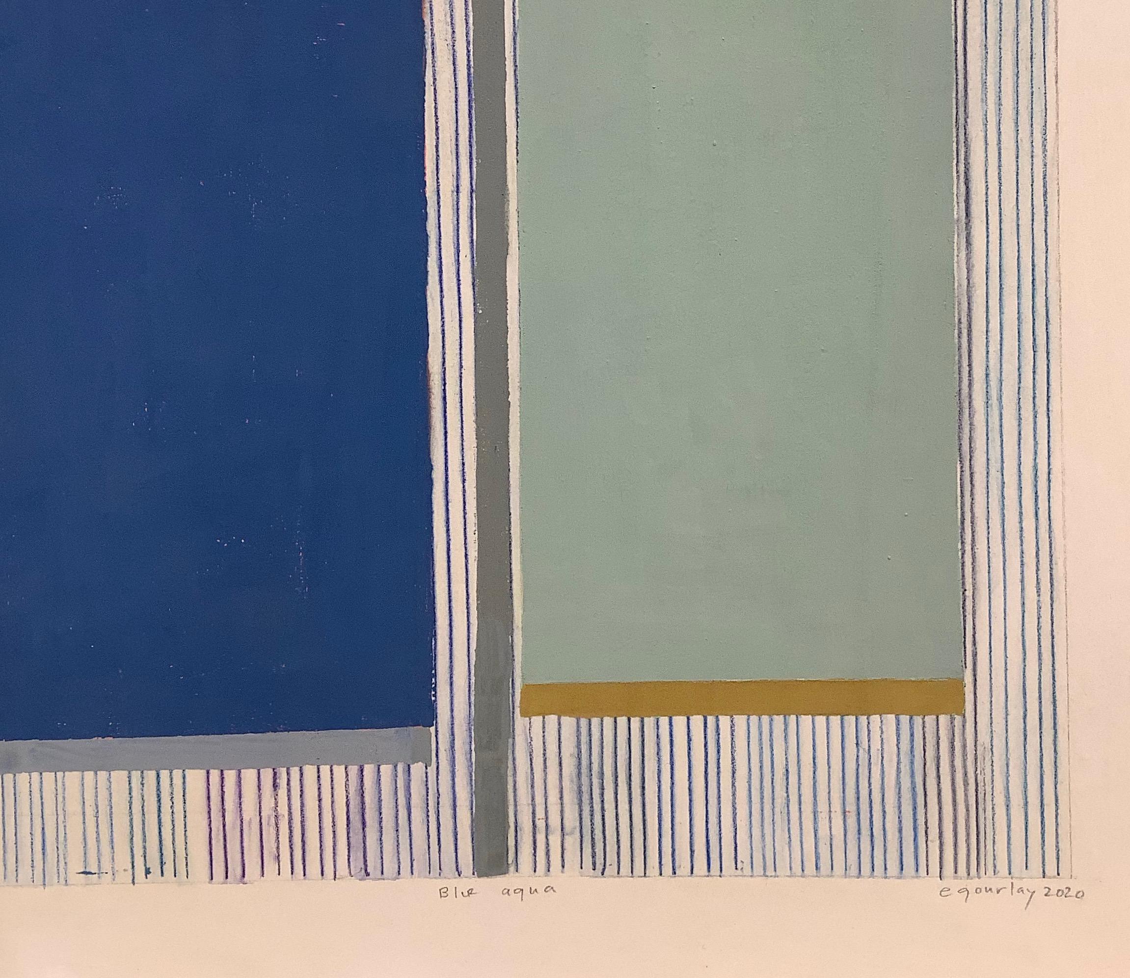 Blue Aqua, Abstract Painting on Paper, Navy Blue, Light Green, Dark Orange, Gold 1