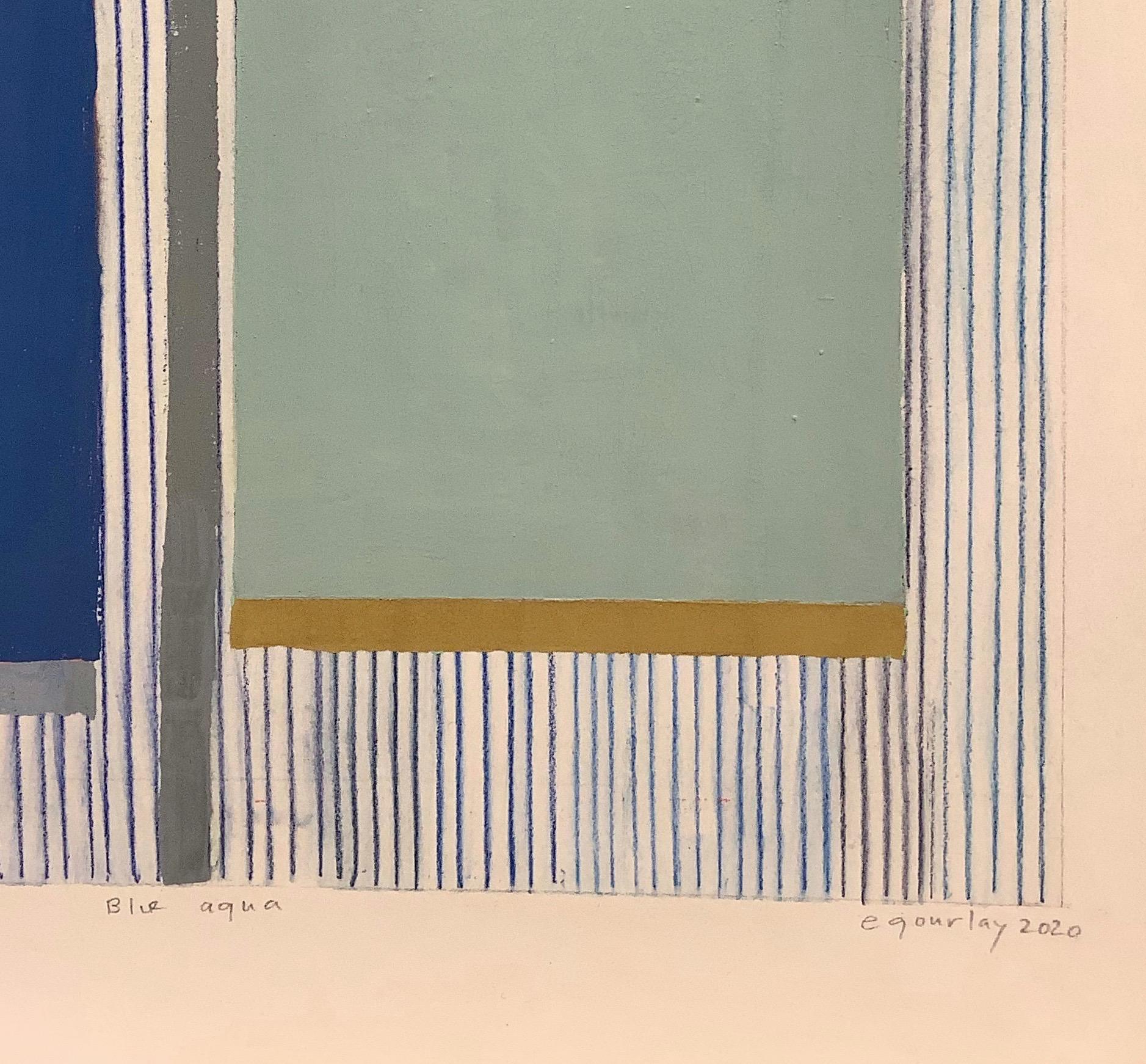 Blue Aqua, Abstract Painting on Paper, Navy Blue, Light Green, Dark Orange, Gold 2