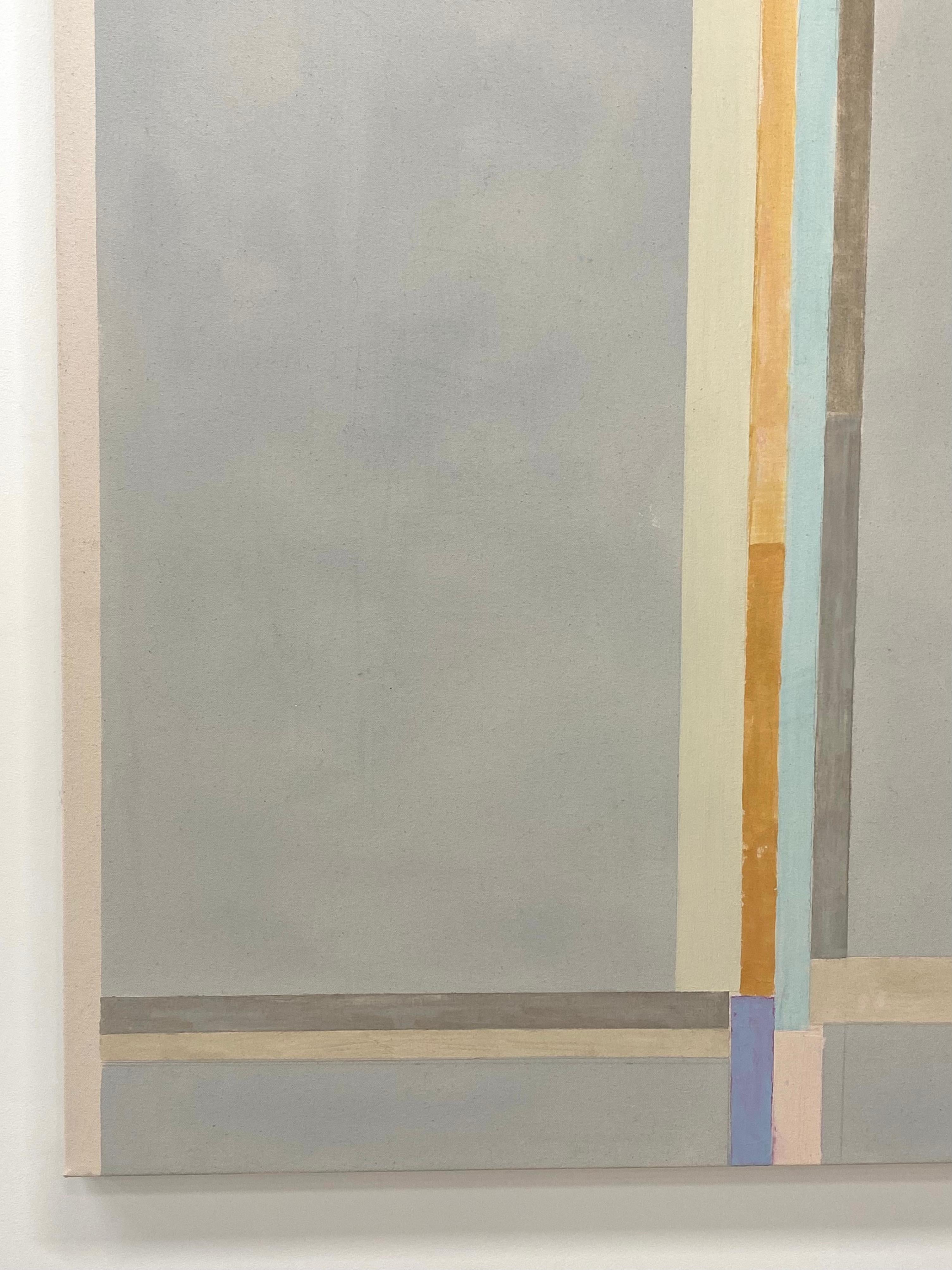 Abstraktes Gemälde in Blau, Beige, Hellblau, Braun, Orange und Grau mit Streifen im Angebot 1