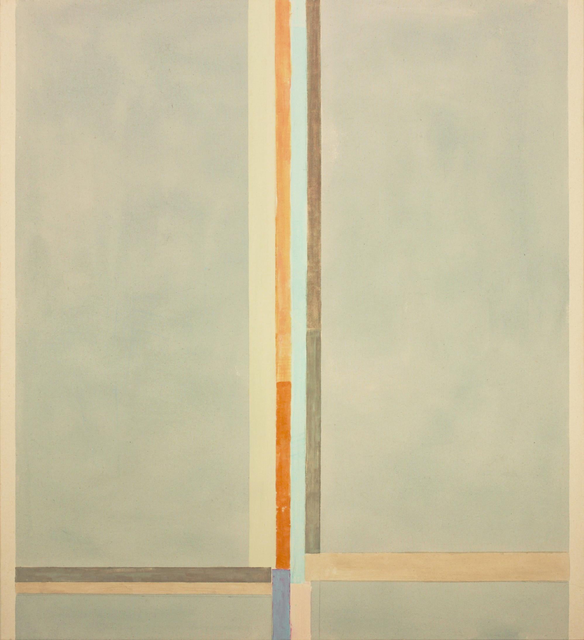 Elizabeth Gourlay Abstract Painting – Abstraktes Gemälde in Blau, Beige, Hellblau, Braun, Orange und Grau mit Streifen