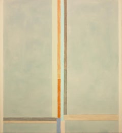 Abstraktes Gemälde in Blau, Beige, Hellblau, Braun, Orange und Grau mit Streifen