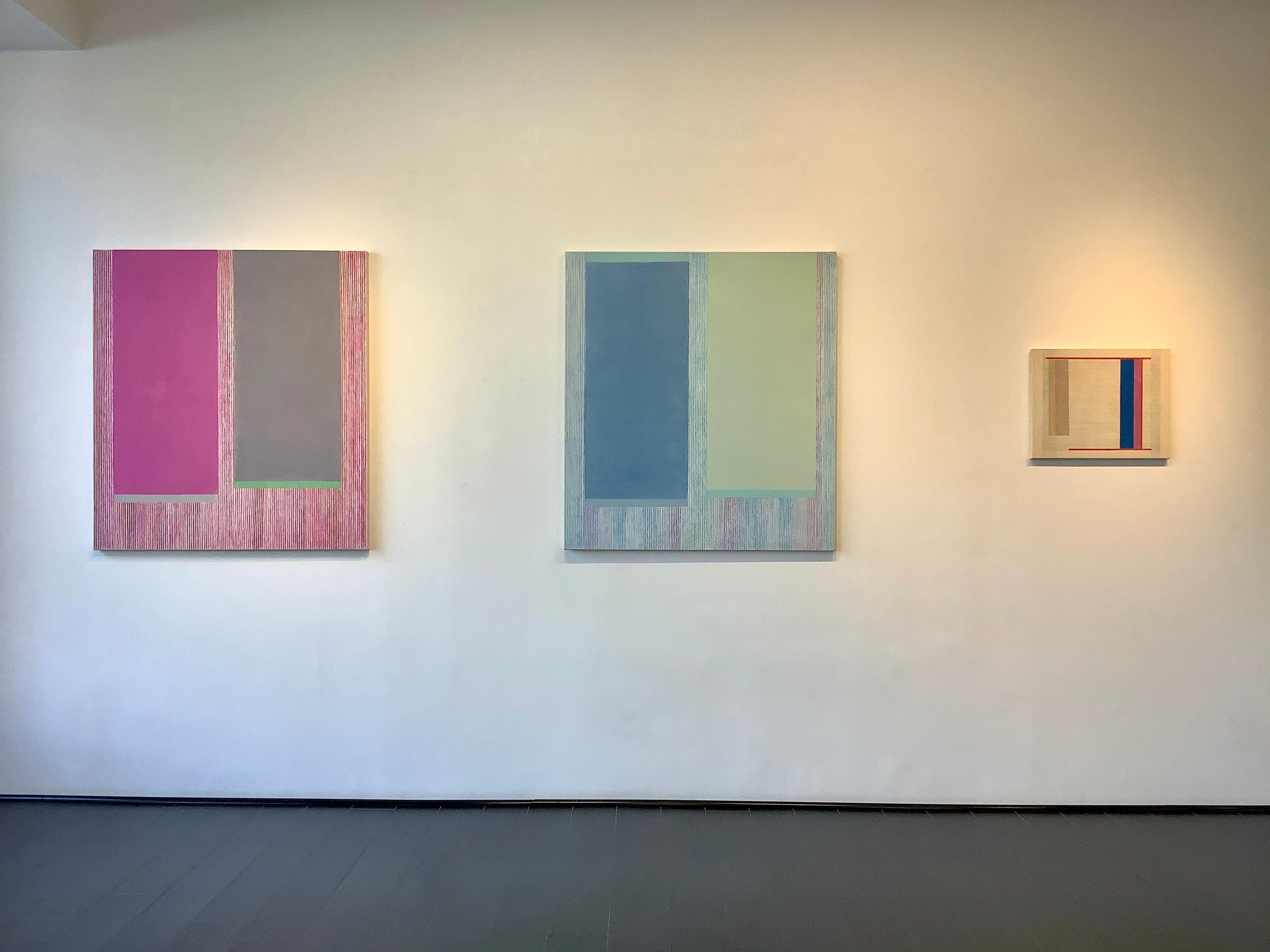 In this abstract painting in colored pencil and acrylic on canvas by Elizabeth Gourlay, clean and precise, carefully ordered blocks of color in blue gray and light sage green are lively and vibrant while thin, delicate lines in blue and violet frame