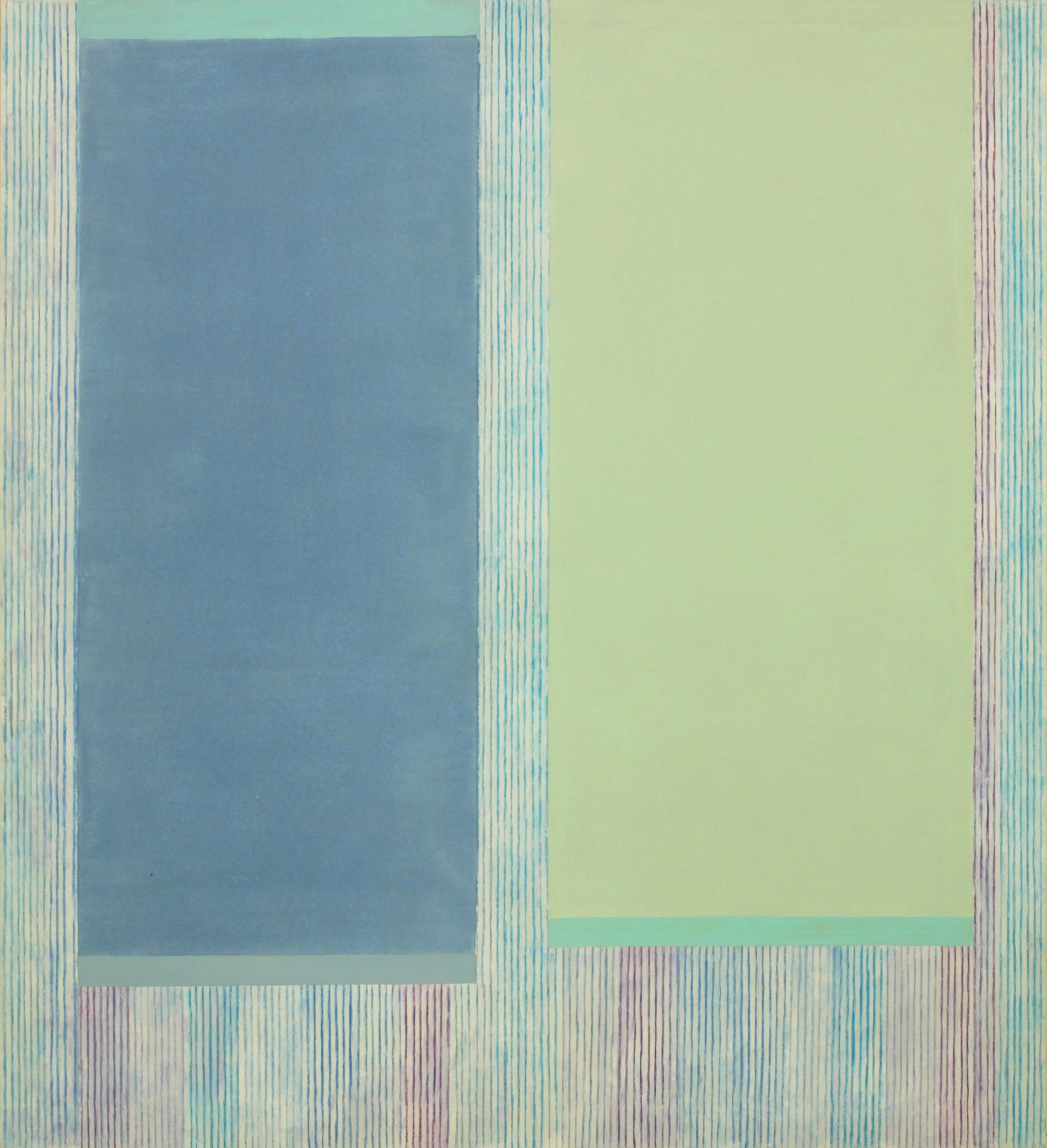 Elizabeth Gourlay Abstract Painting - Blueaqua, Blue, Sage Green, Violet, Beige, Gray Stripes