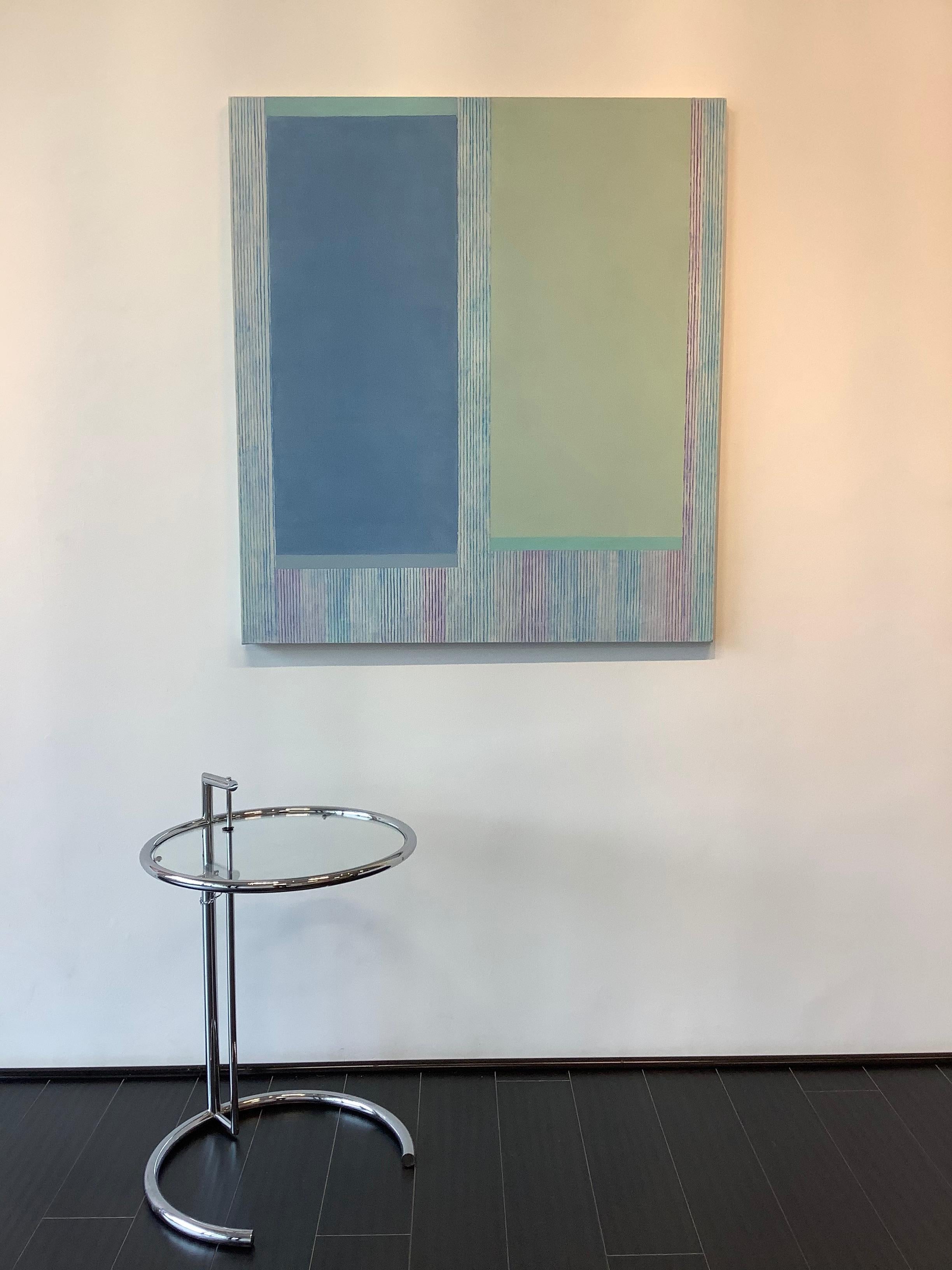 Blueaqua - Pittura astratta contemporanea a strisce blu, verde menta, viola, 2020 - Painting Contemporaneo di Elizabeth Gourlay