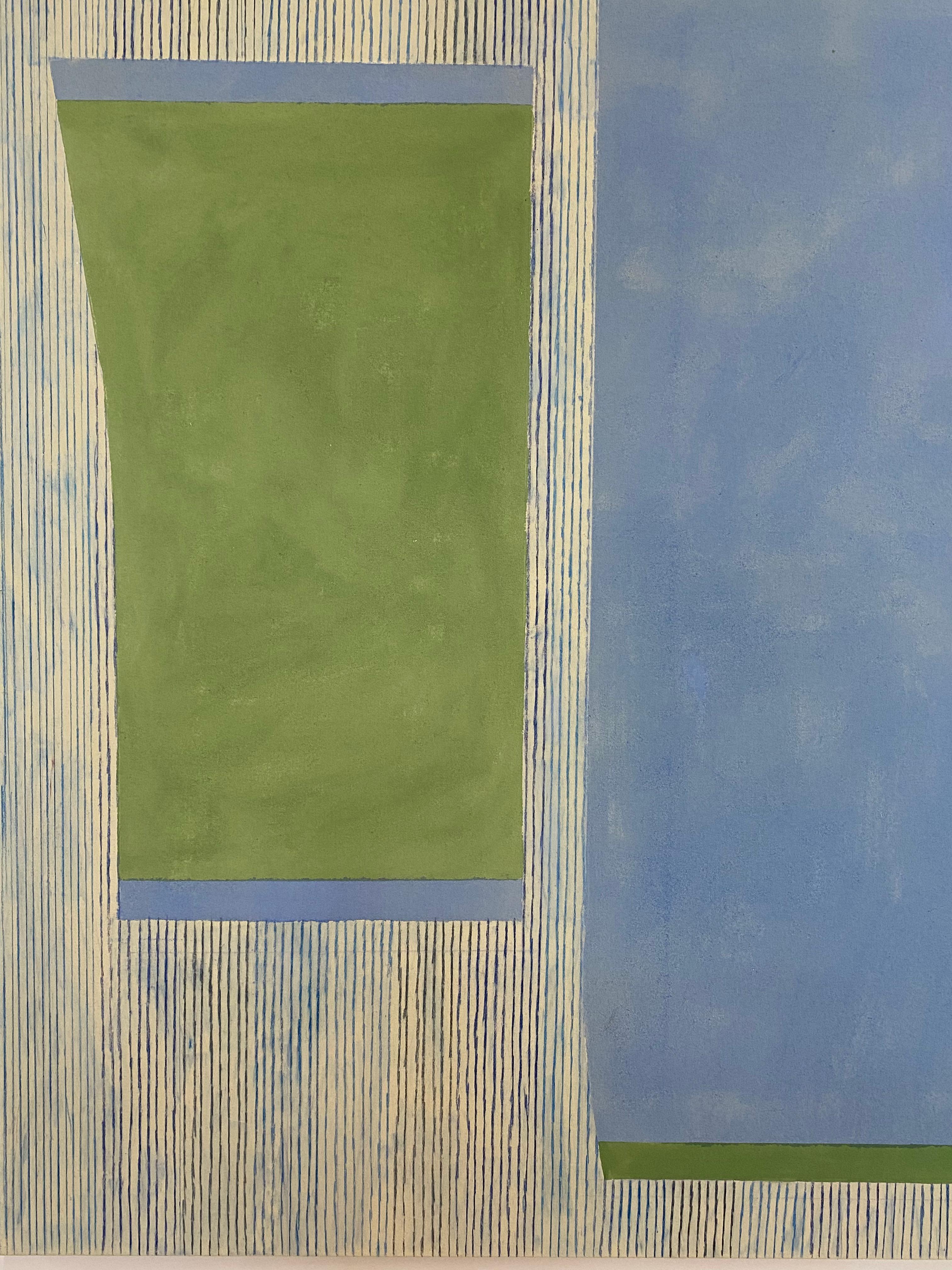 Puliti e precisi, i blocchi di colore accuratamente ordinati in azzurro e verde chiaro sono vivaci e vibranti, mentre linee sottili e delicate in blu e marina incorniciano le forme. Firmato, datato e titolato sul retro.

Il lavoro di Elizabeth
