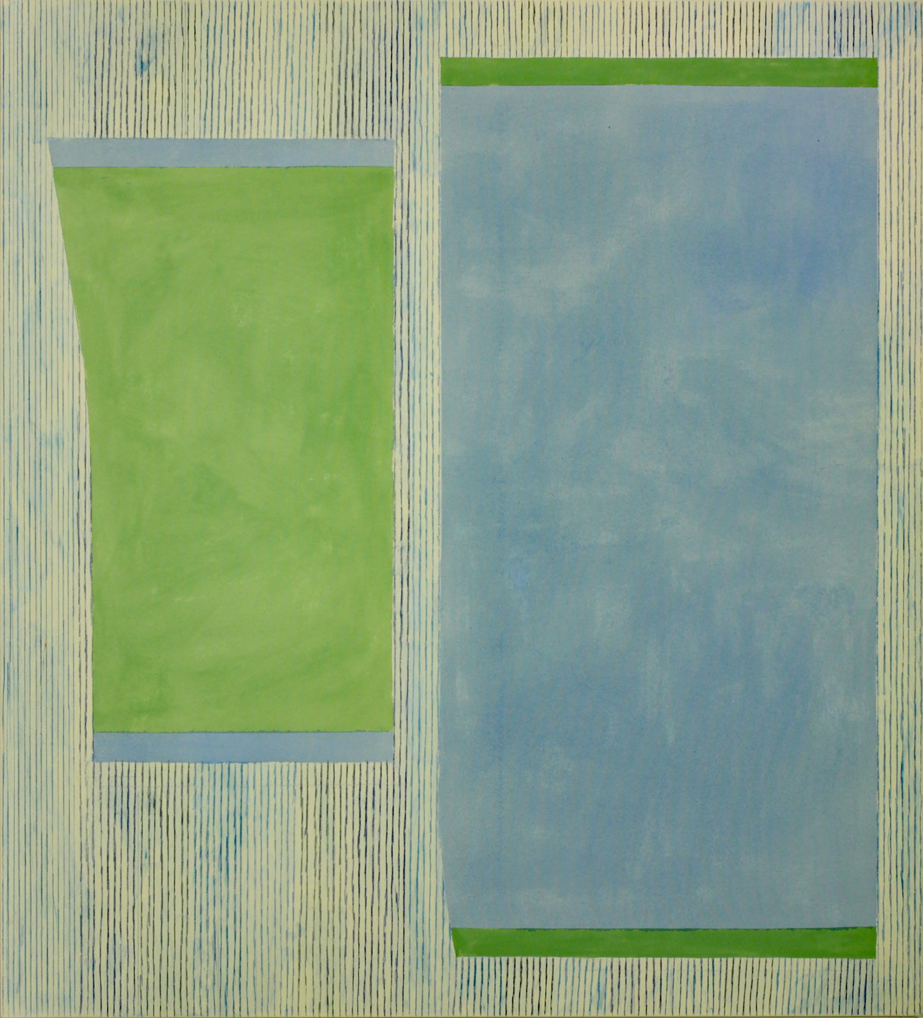 Clean and precise, carefully ordered blocks of color in light blue and light green are lively and vibrant while thin, delicate lines in blue and navy frame the shapes. Signed, dated and titled on verso.

Elizabeth Gourlay’s work is a meditation on