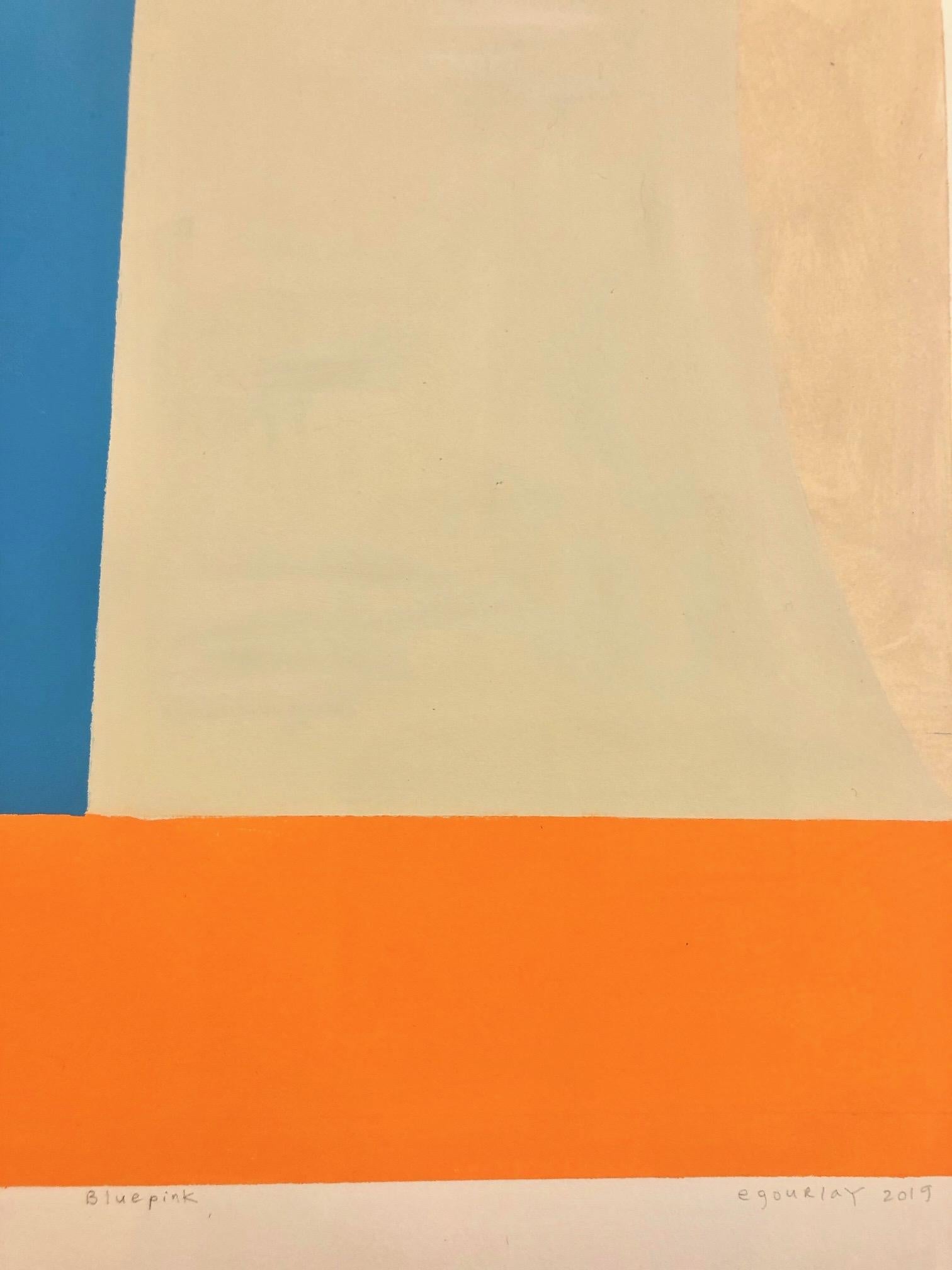 In this abstract painting in gouache on paper by Elizabeth Gourlay, clean and precise, carefully ordered blocks of color in orange, blue and pink are bright against the earthy beige background. Signed, dated and titled on recto, lower right corner.