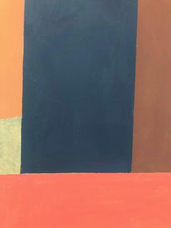 Blueredochre, Vertical Abstract Painting on Paper in Coral Pink, Blue, Brown