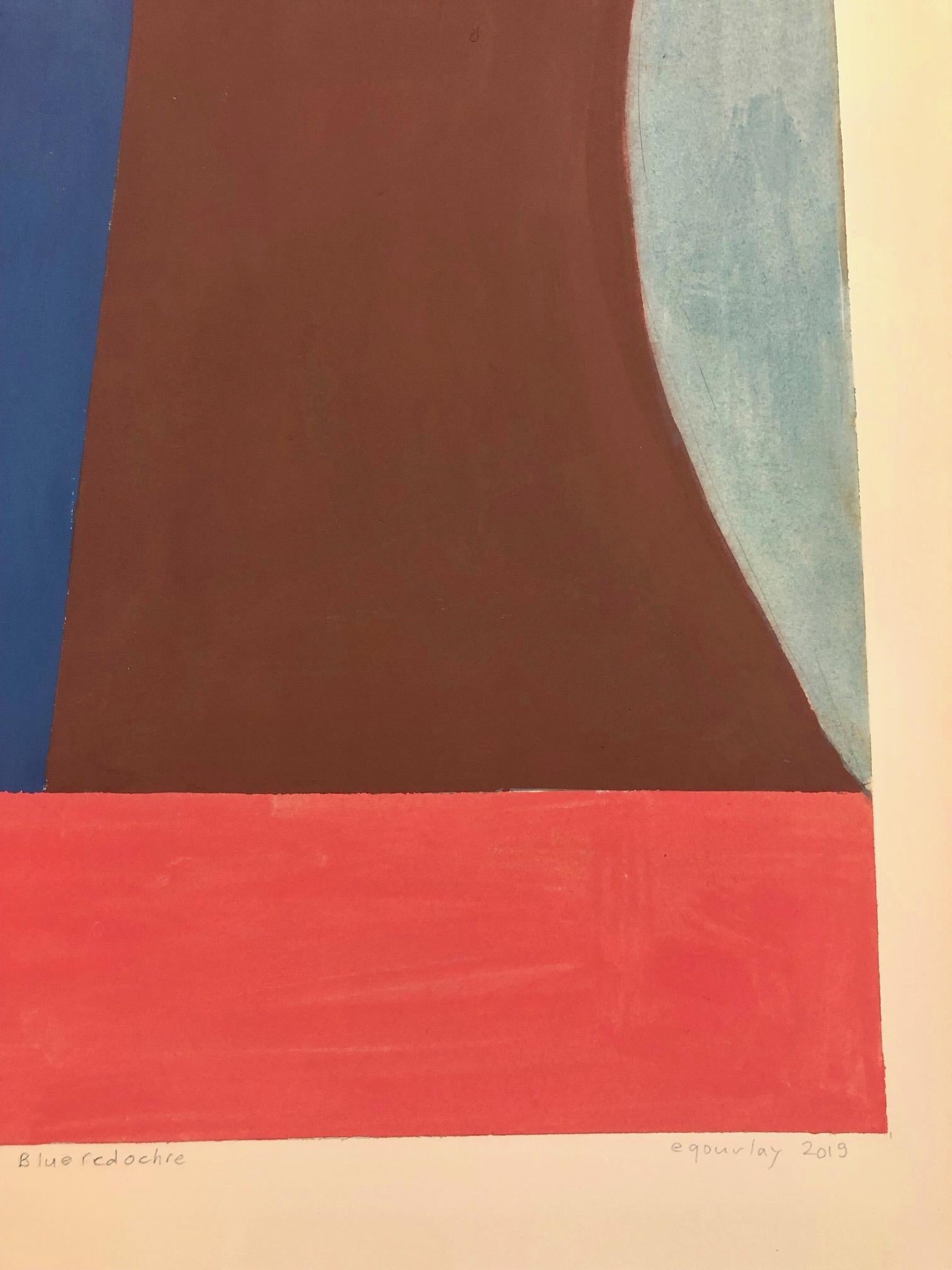 In this abstract painting in gouache on paper by Elizabeth Gourlay, clean and precise, carefully ordered blocks of color in coral, dark red, blue, dark taupe and brown are bright against the earthy beige background. Signed, dated and titled on