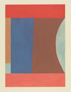 Blueredochre, Vertical Abstract Painting on Paper in Coral Pink, Blue, Brown