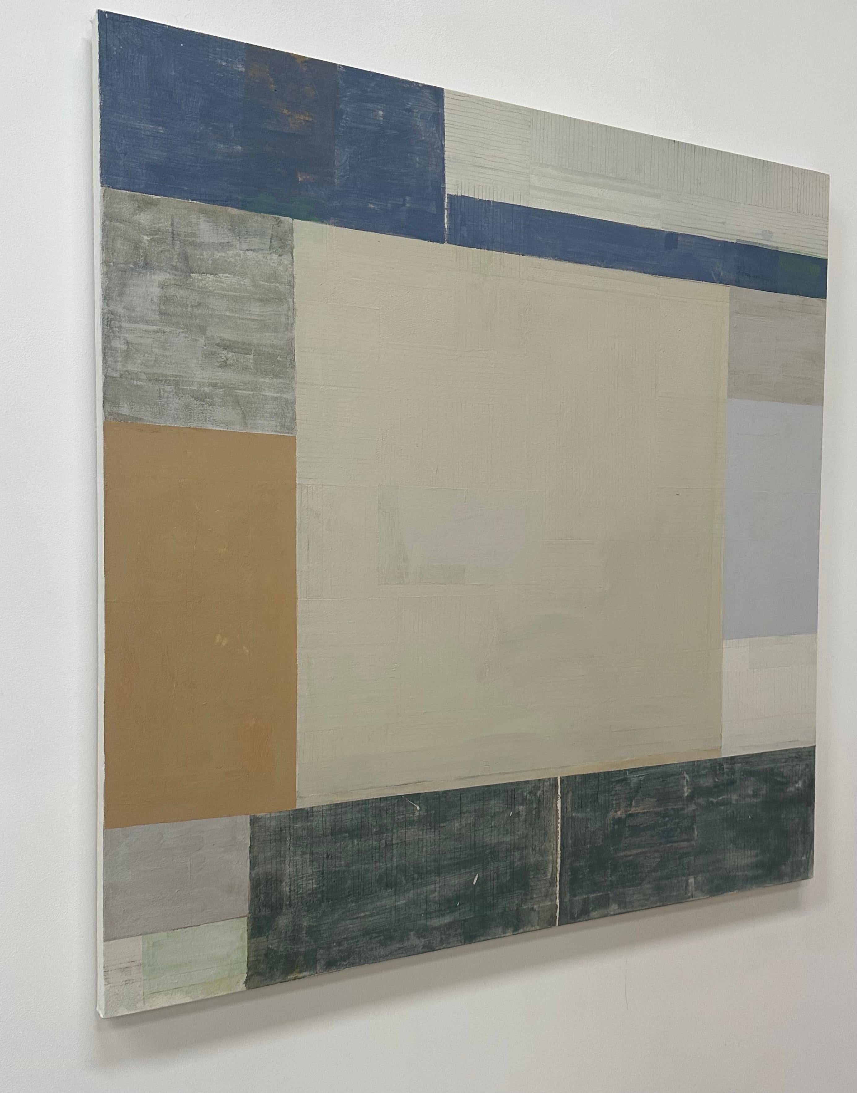 Dans cette peinture abstraite contemporaine en flashe sur toile, les rayures et les blocs de couleur en bleu gris doux, vert sauge pâle, beige et brun doré sont nets, précis et soigneusement ordonnés. Signé, daté et titré au verso.

Le travail