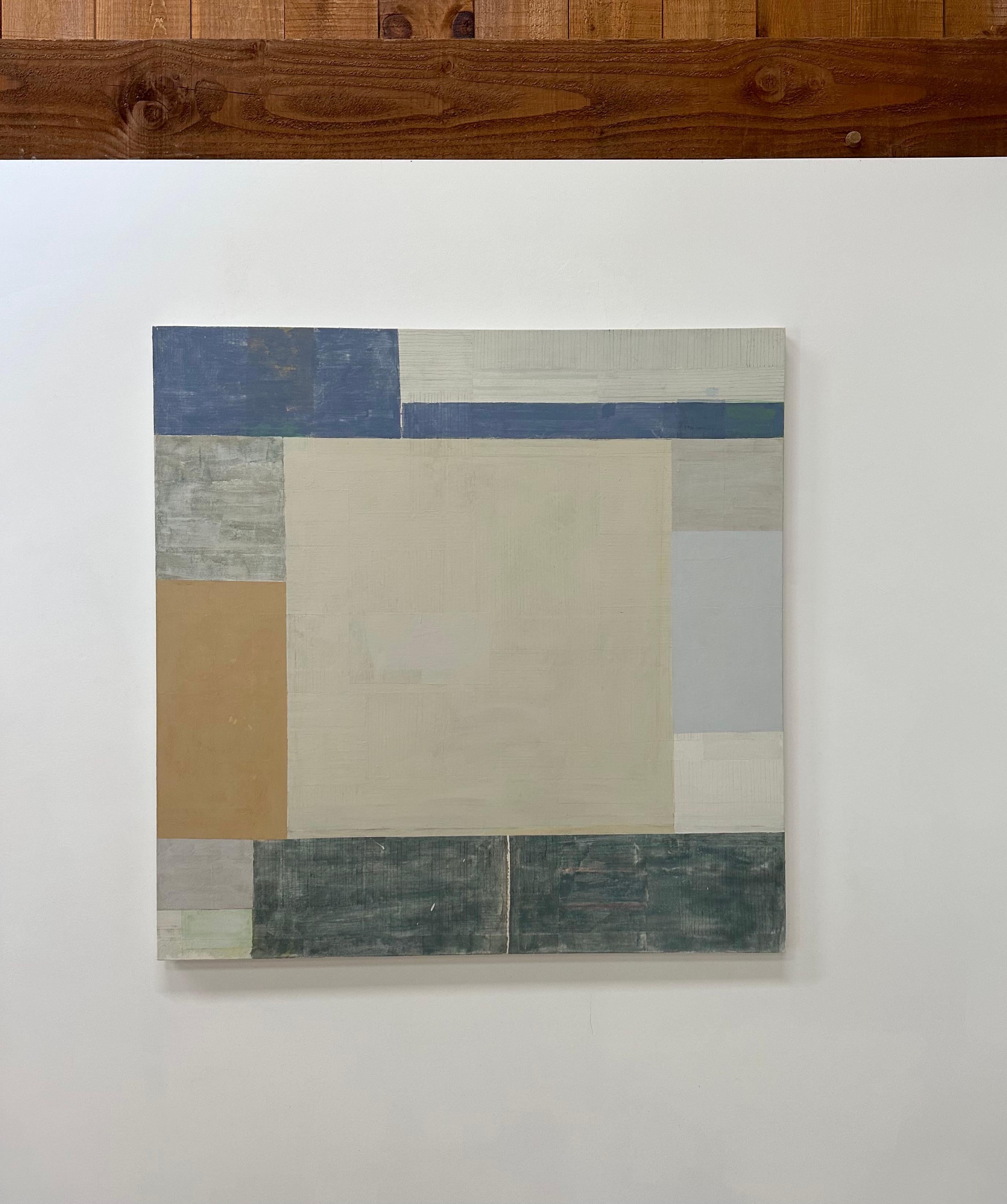 Bruma Two, Ochre, Gray, Umber, Golden Brown Beige Square Geometric Abstract - Painting by Elizabeth Gourlay