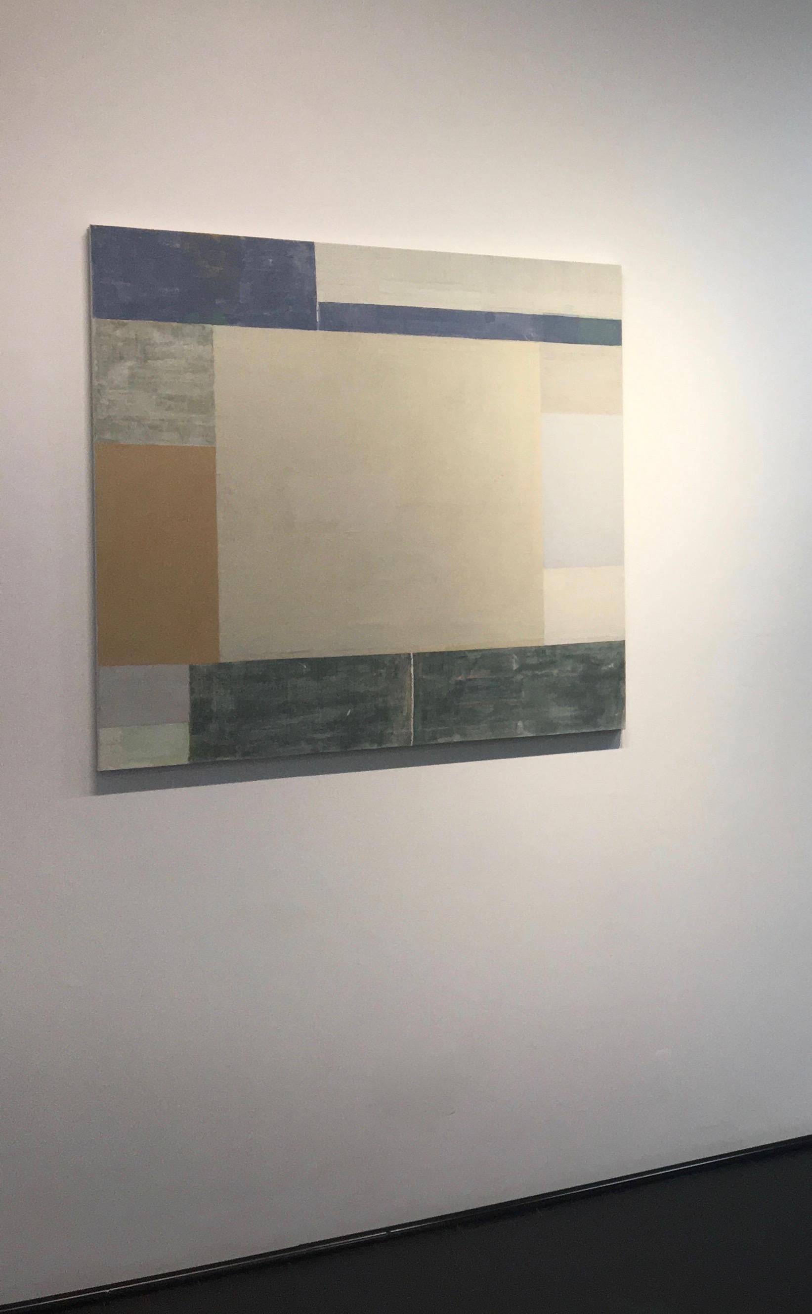 Stripes and blocks of color in soft gray blue, pale sage green, beige and golden brown are clean, precise and carefully ordered in this painting in flashe on canvas. Signed, dated and titled on verso.

Elizabeth Gourlay’s work is a meditation on