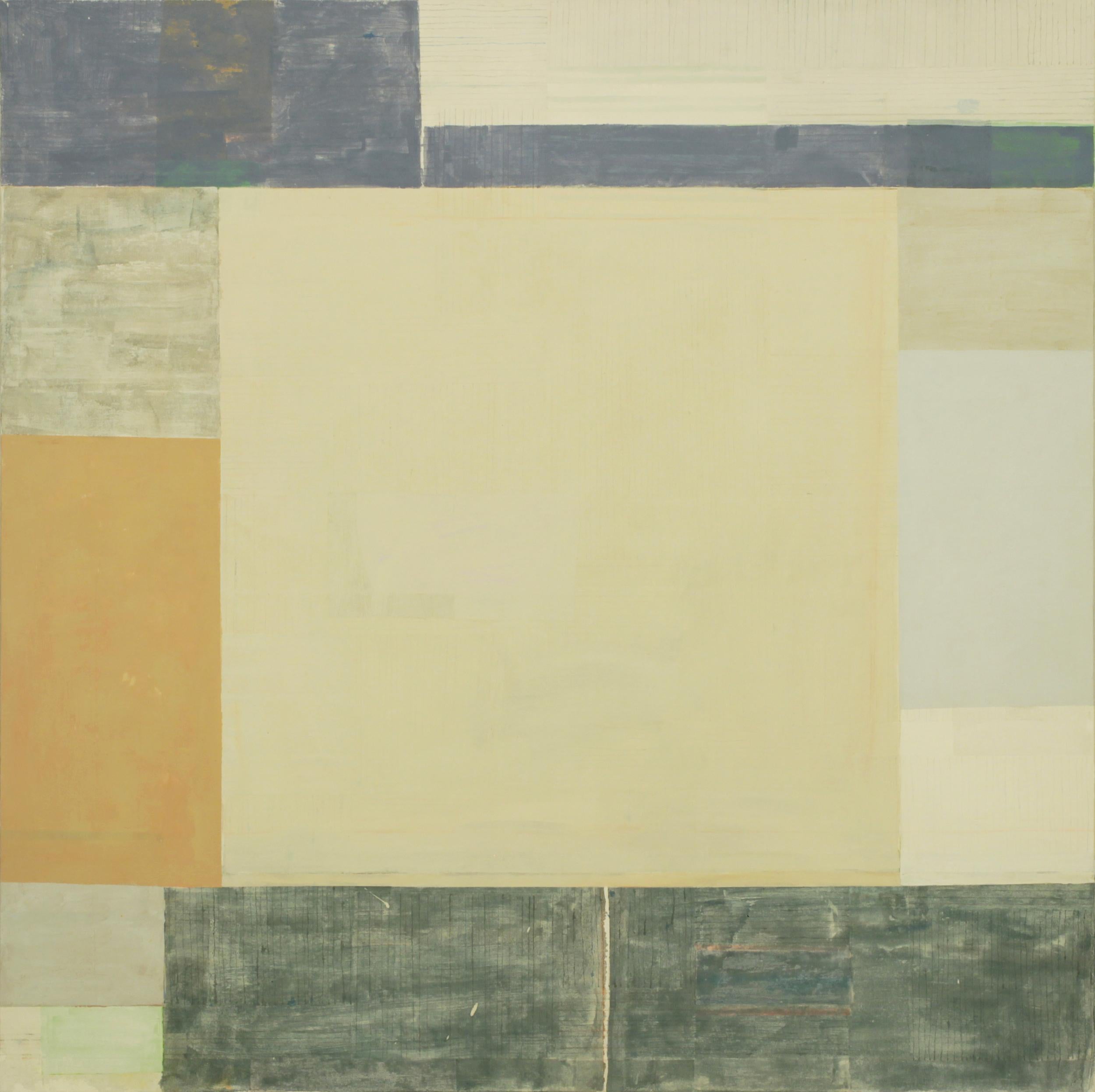 Elizabeth Gourlay Abstract Painting – Bruma Two, Ocker, Grau, Umber, Golden Brown Beige Quadratisch Geometrisch Abstrakt