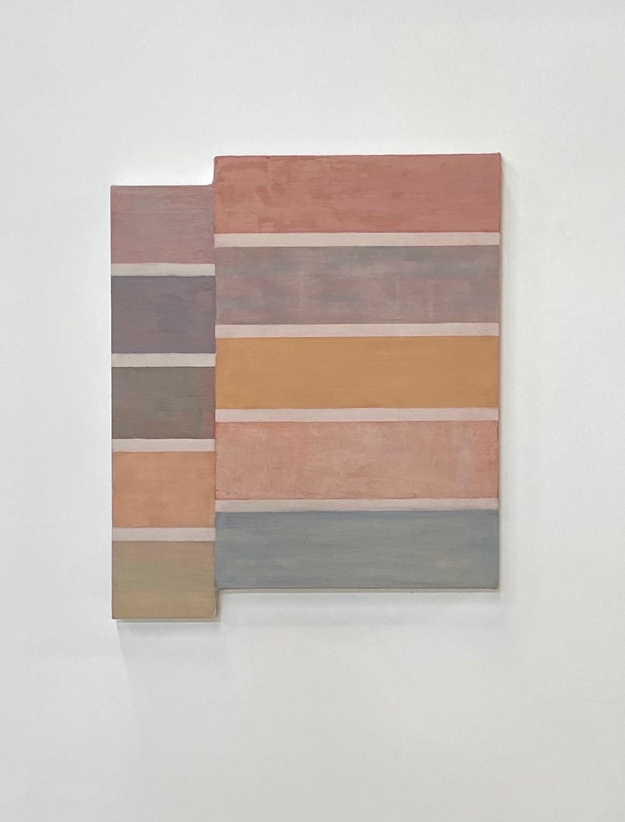 C30, Peach, Mauve, Pink, Dusty Rose Beige Stripes, Pastel Color on Shaped Panel - Painting by Elizabeth Gourlay