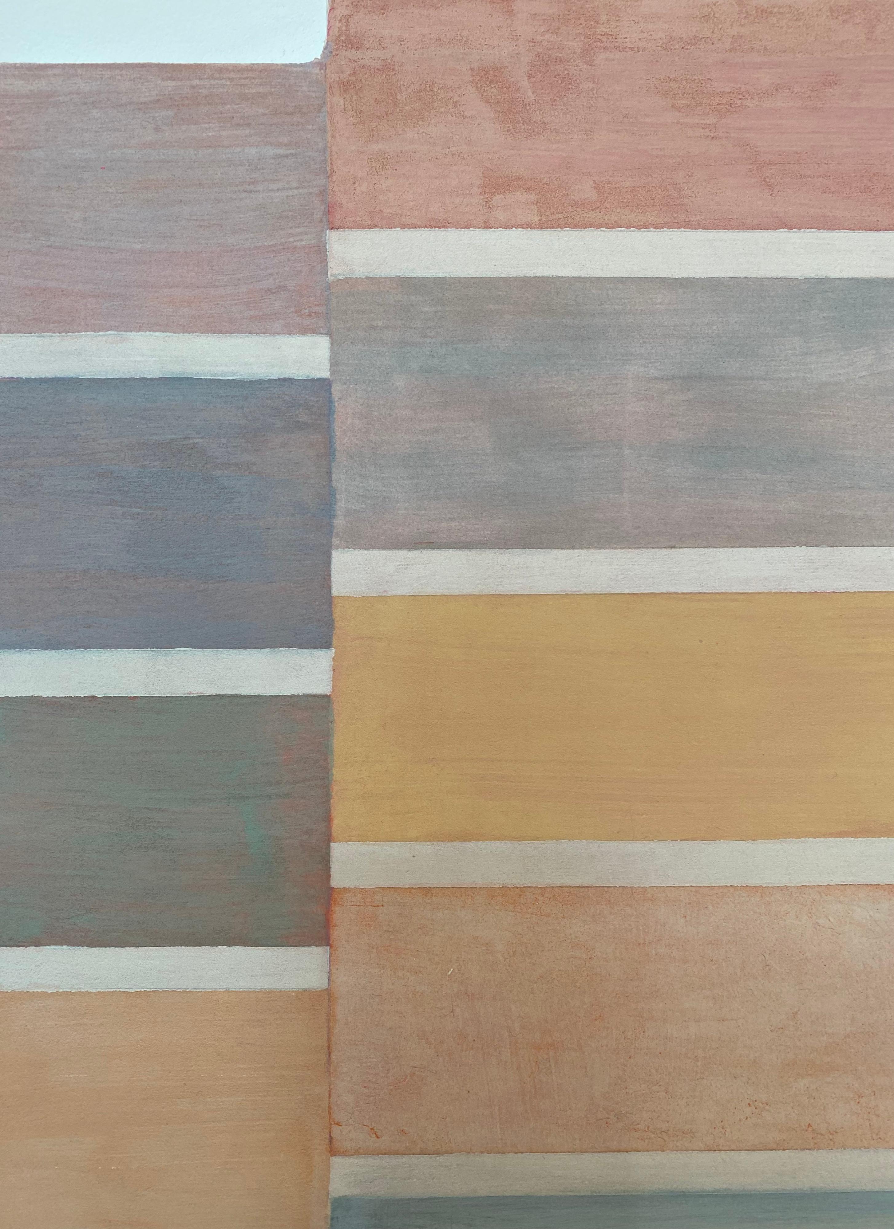 C30, Peach, Mauve, Pink, Dusty Rose Beige Stripes, Pastel Color on Shaped Panel - Contemporary Painting by Elizabeth Gourlay