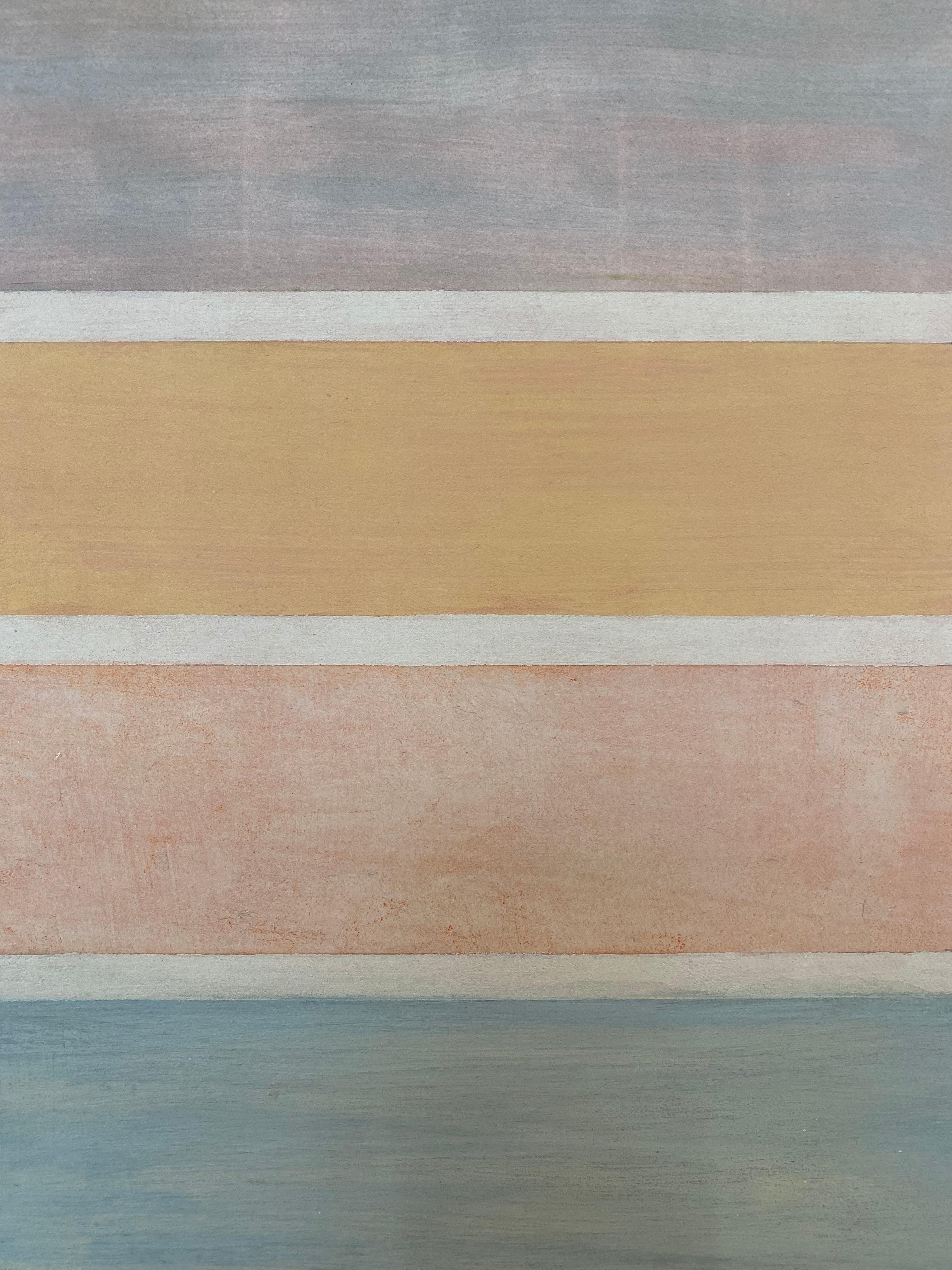 In this abstract painting on a shaped panel by Elizabeth Gourlay, carefully ordered blocks of color in salmon, peach and mauve are luminous against thinner neutral sections of exposed linen. Signed, dated and titled on verso.

Elizabeth Gourlay’s