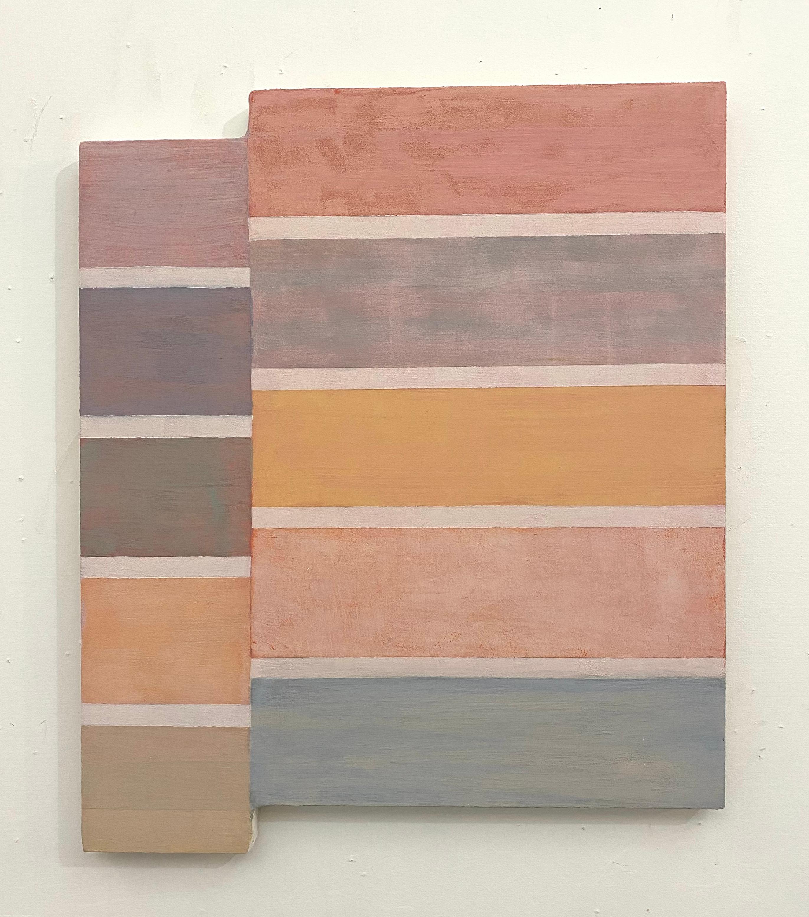 Elizabeth Gourlay Abstract Painting - C30, Peach, Mauve, Pink, Dusty Rose Beige Stripes, Pastel Color on Shaped Panel