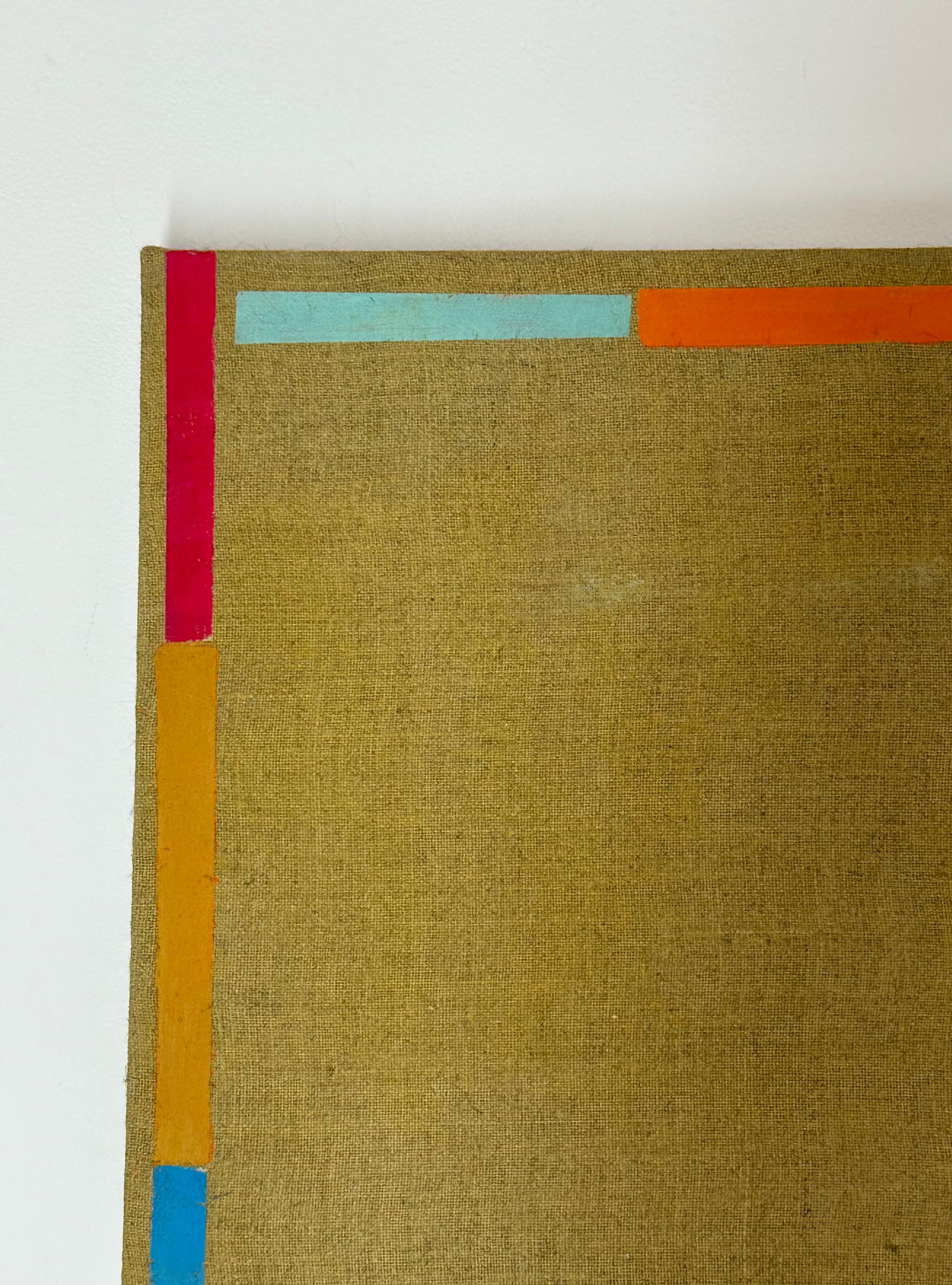 Canna - Arancione, rosa, blu, strisce beige, lino, 2016 - Abstract Painting Marrone di Elizabeth Gourlay