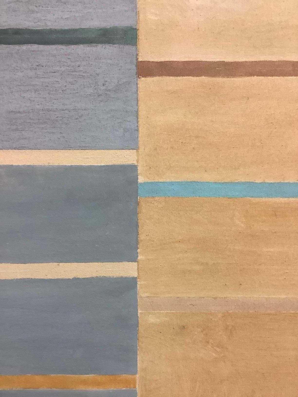 Clean and precise, carefully ordered stripes and blocks of color in pale mint green, light blue, brown, beige and burnt orange complement the soft gray and beige background. Signed, dated and titled on verso.

Elizabeth Gourlay’s work is a
